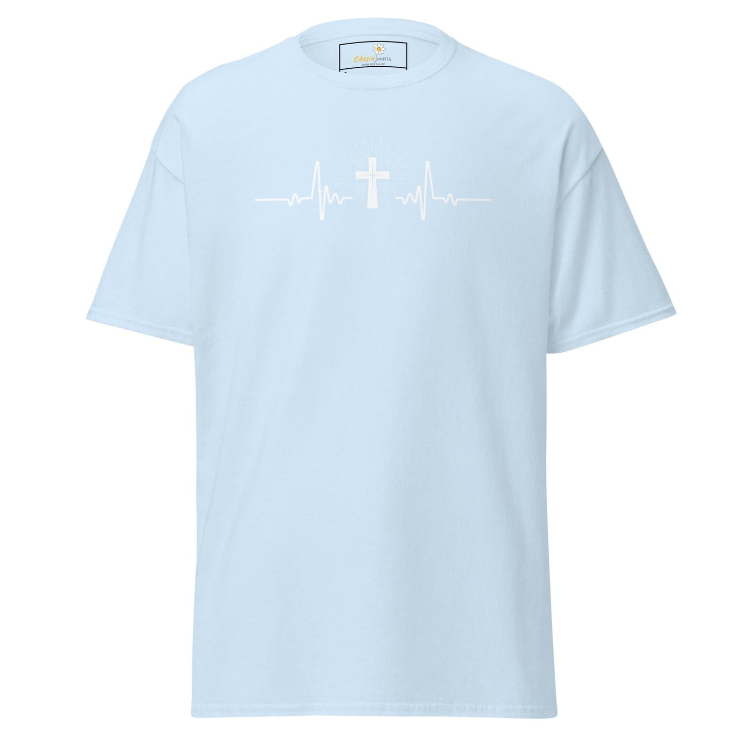 Light blue T-shirt with cross heartbeat design suitable for men and women in sizes S to XL