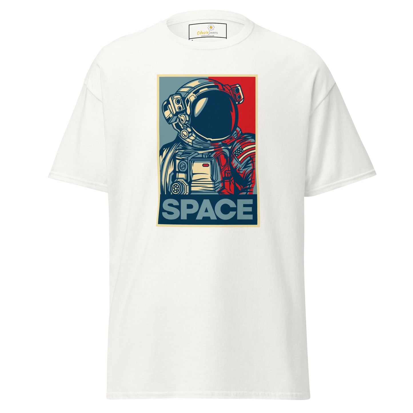White T-shirt with astronaut graphic, available in men’s and women’s sizes S to XL
