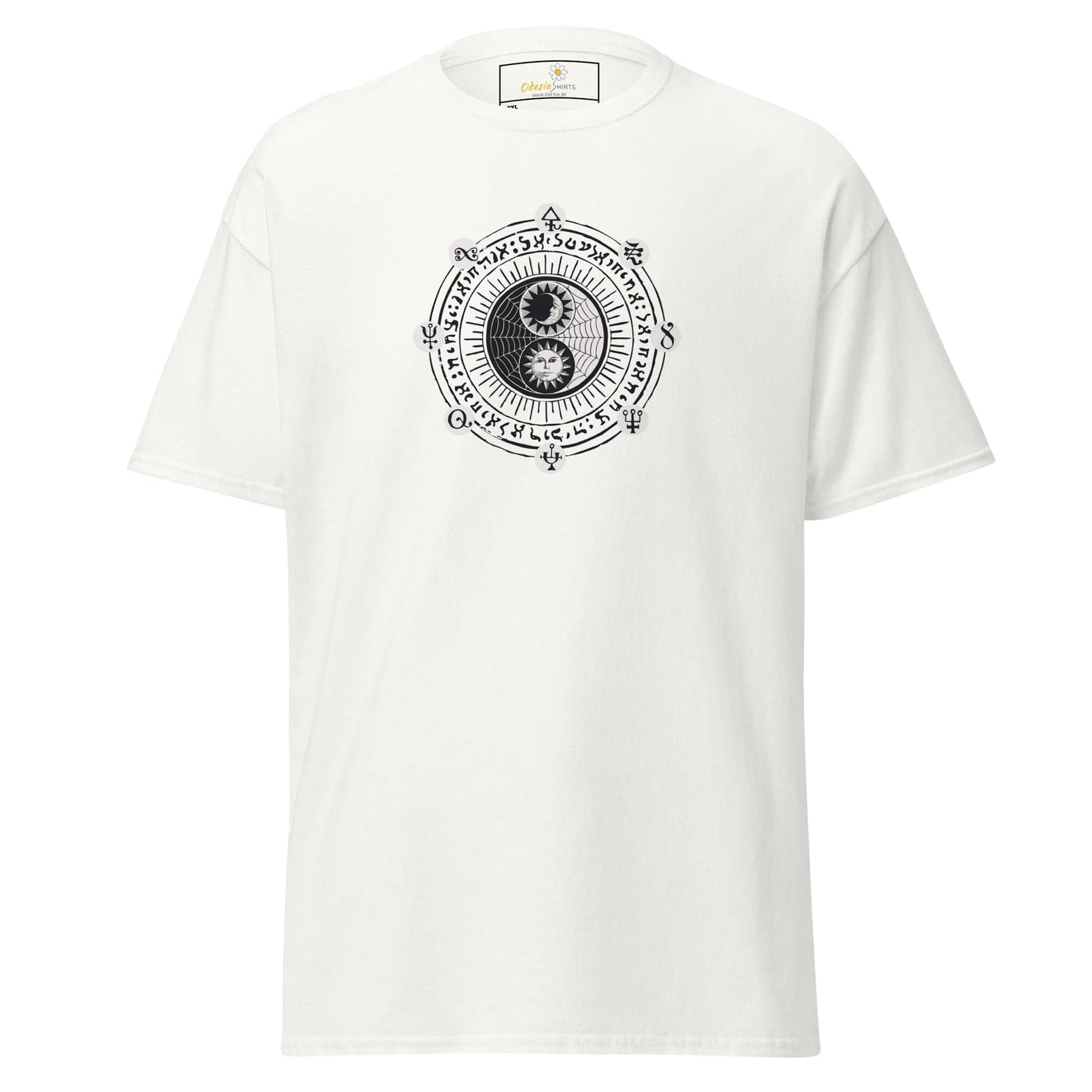 White t-shirt with yin-yang design.