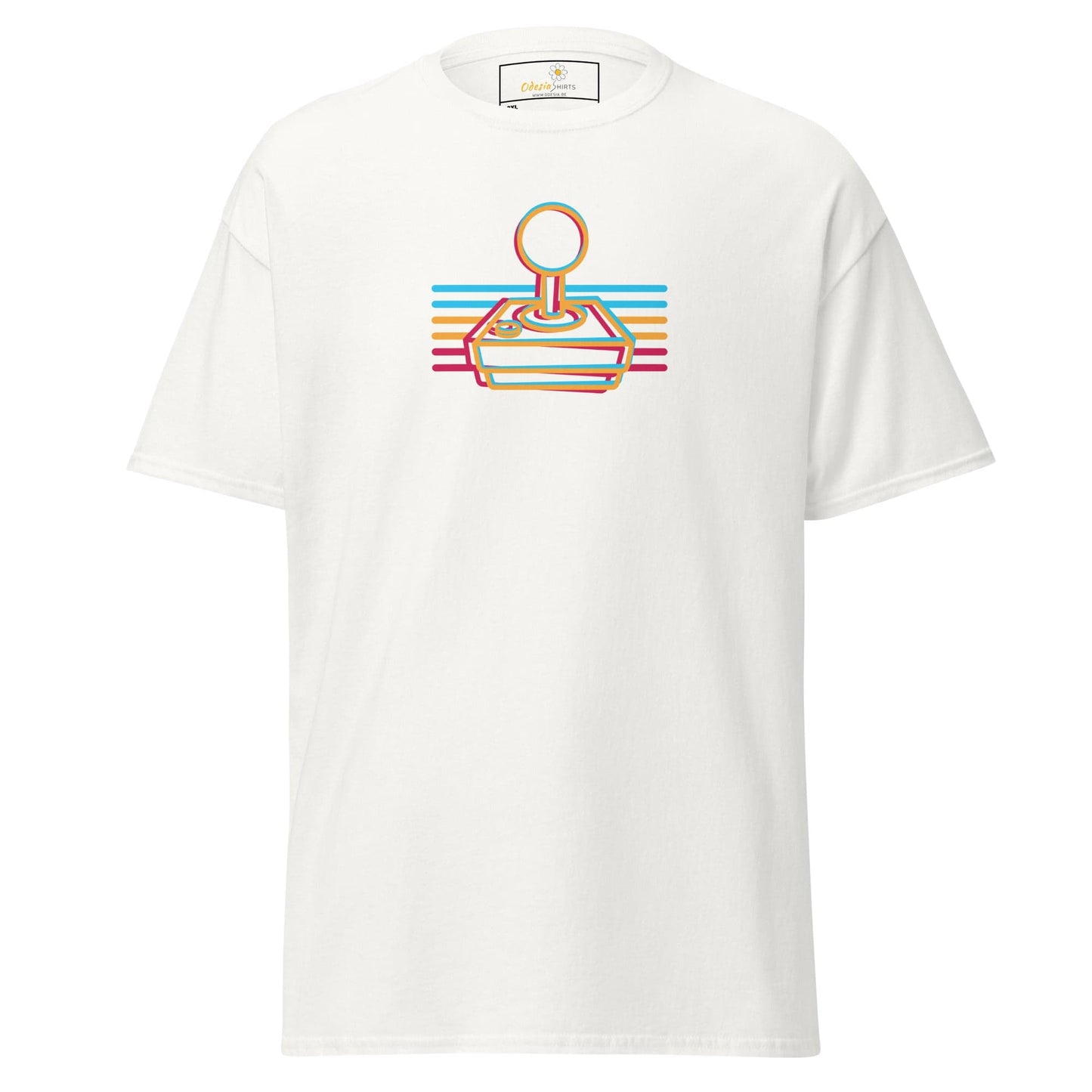 White t-shirt with colorful joystick design.