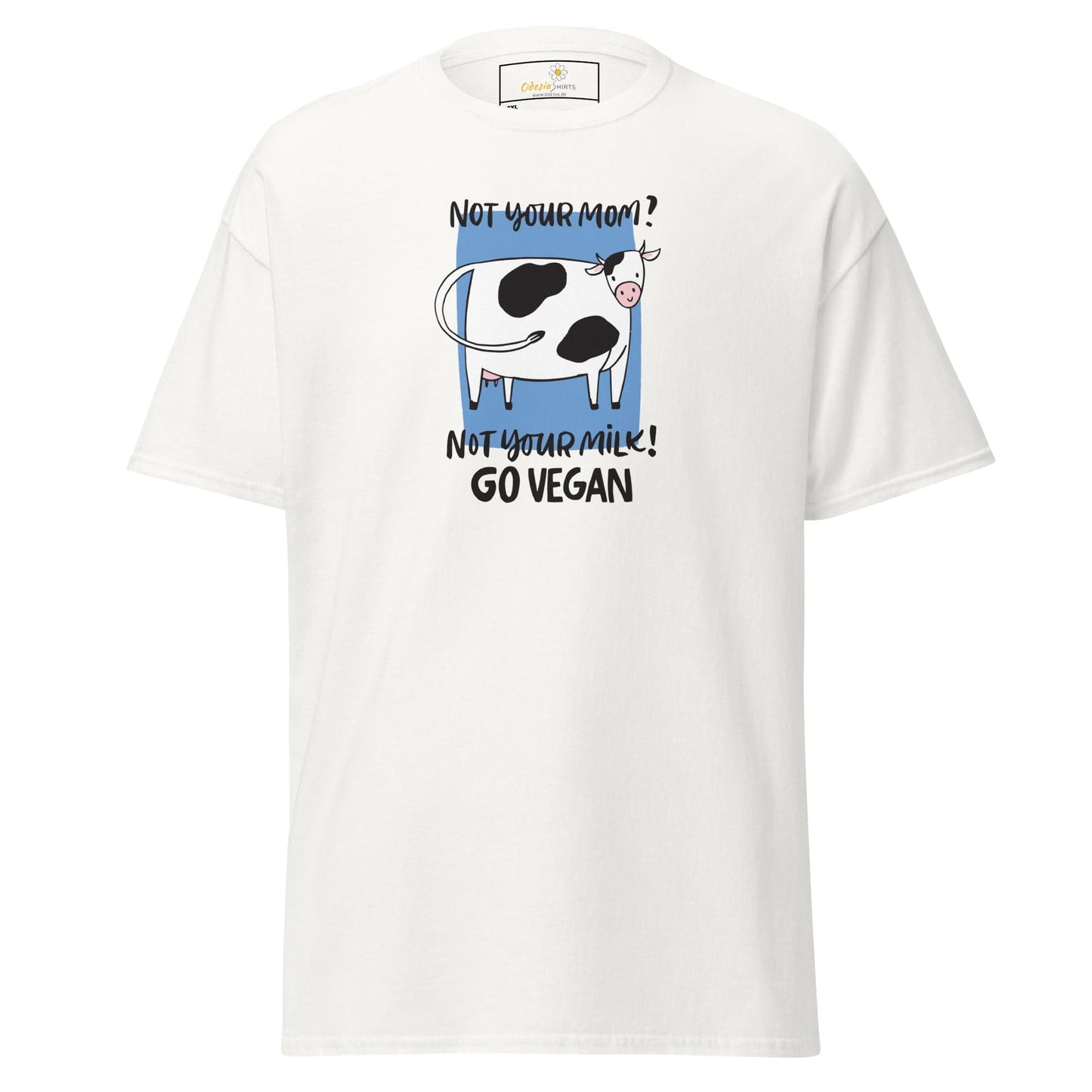 White t-shirt with cow graphic.