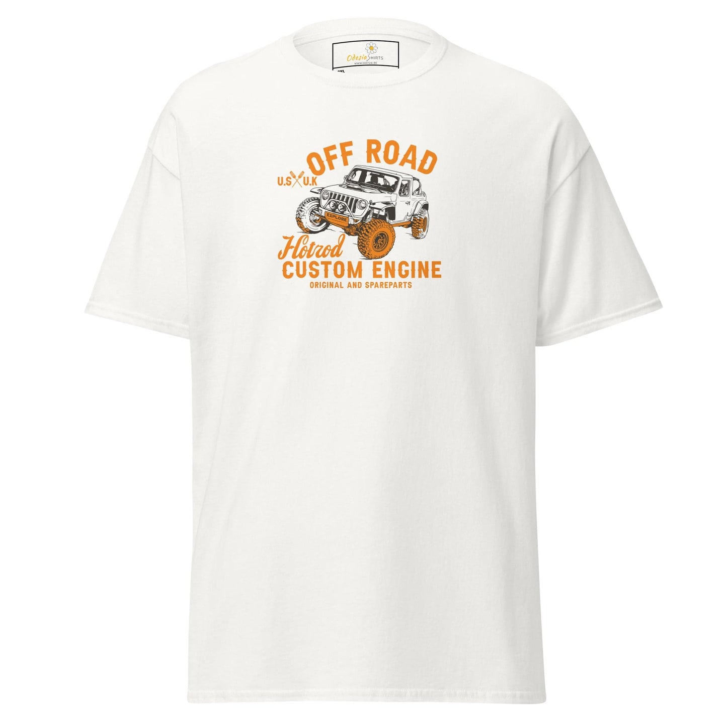 White t-shirt with off-road vehicle graphic.