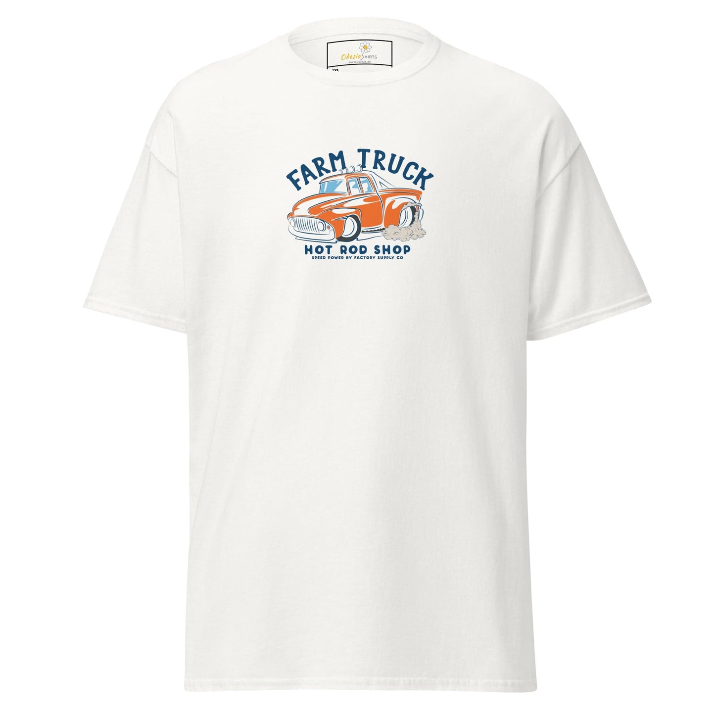 White t-shirt with a car graphic.