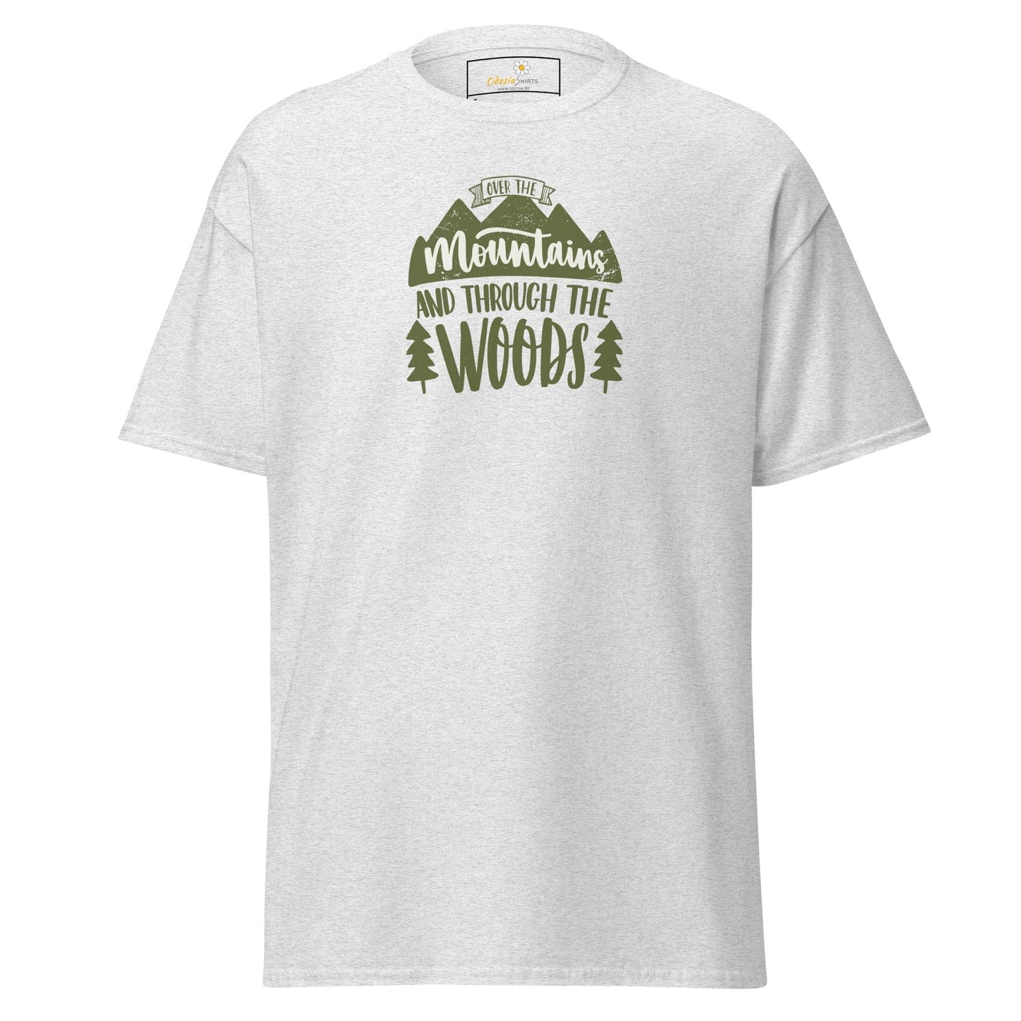 White T-shirt with mountain and woods graphic for men and women, available in S to XL