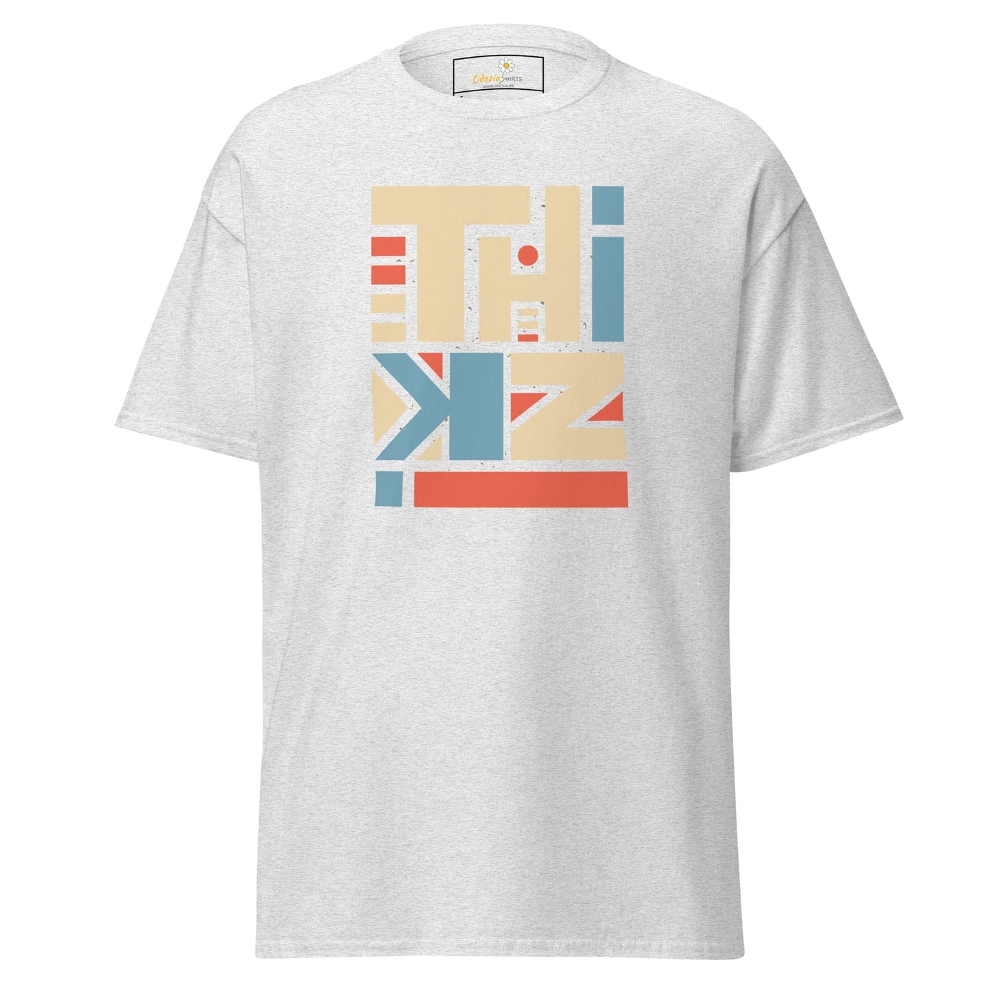 White T-shirt with colorful graphic design suitable for men and women in sizes S to XL