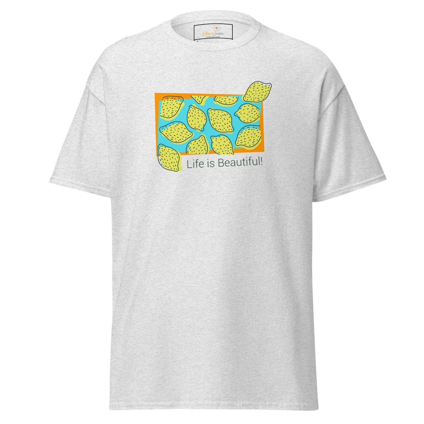 White T-shirt with lemon graphic for men and women, available in sizes S to XL