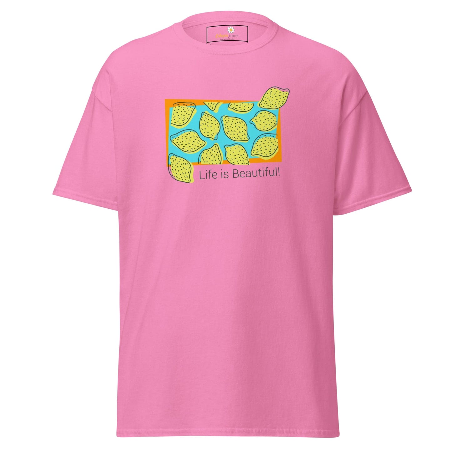 Pink T-shirt with lemon graphic from T-SHIRT DESIGN TEE for Men and Women size S to XL