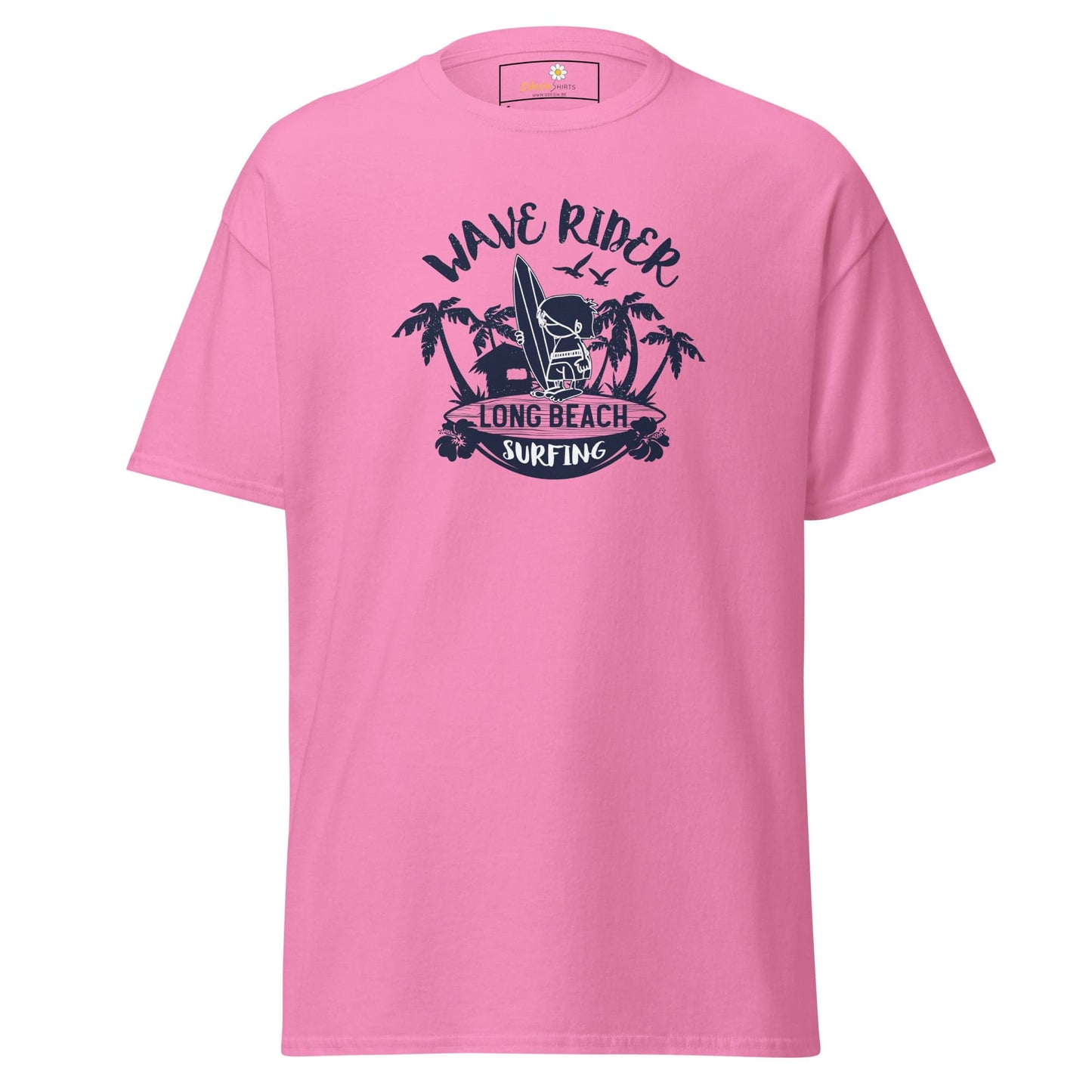 Pink T-shirt with surfing graphic for men or women, available in sizes S to XL
