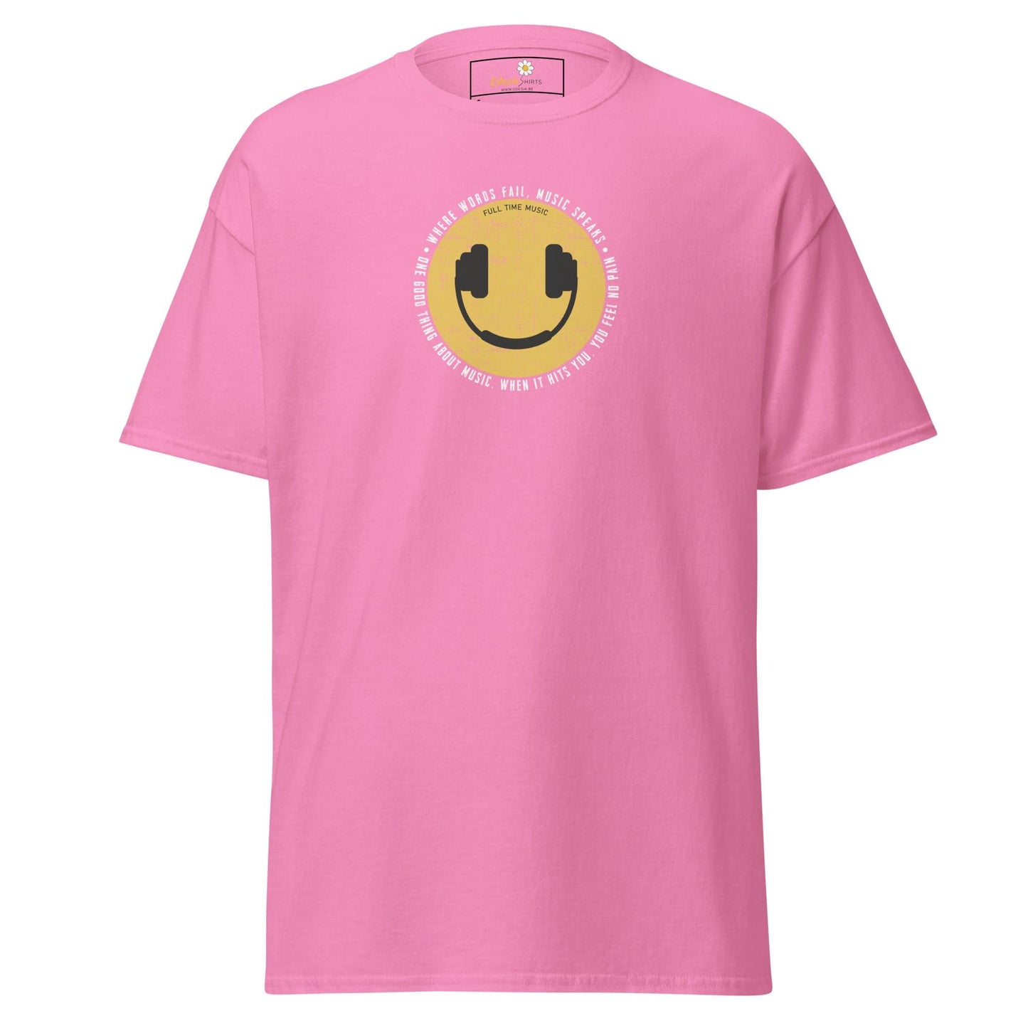 Pink T-shirt with smiley face graphic for men and women available in sizes S to XL