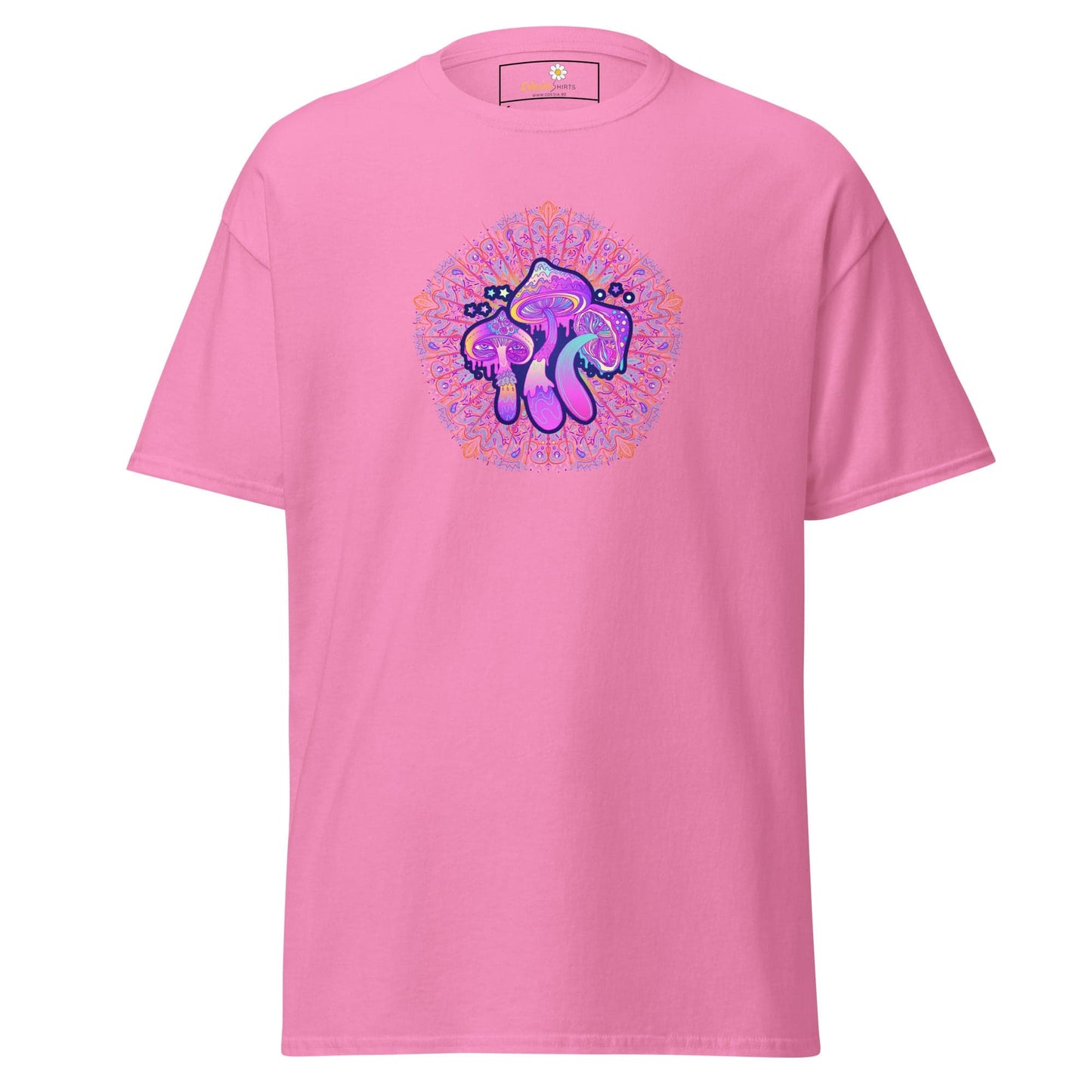 Pink T-shirt with mushroom design for men and women in sizes S to XL