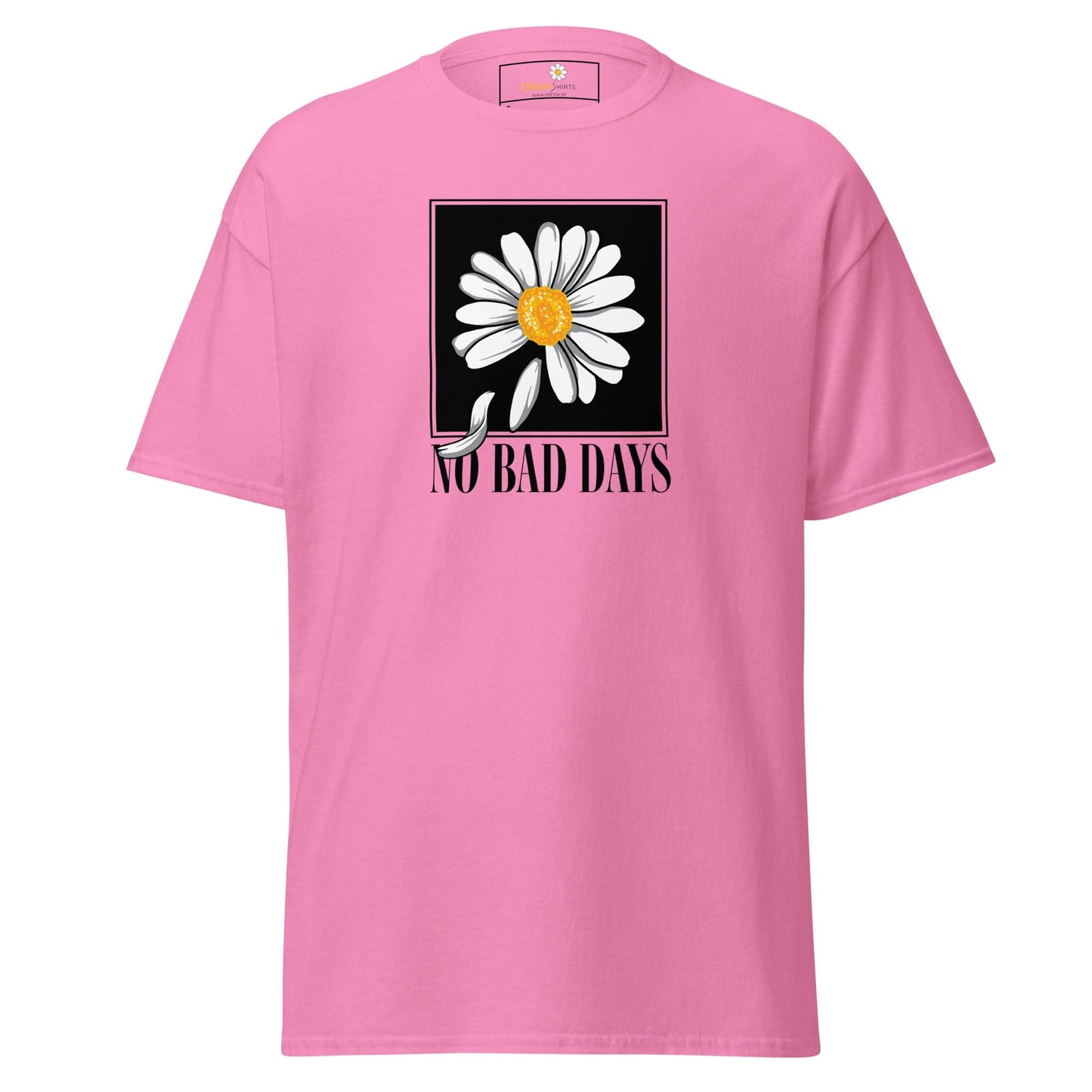 Pink T-shirt with daisy graphic for men and women available in sizes S to XL