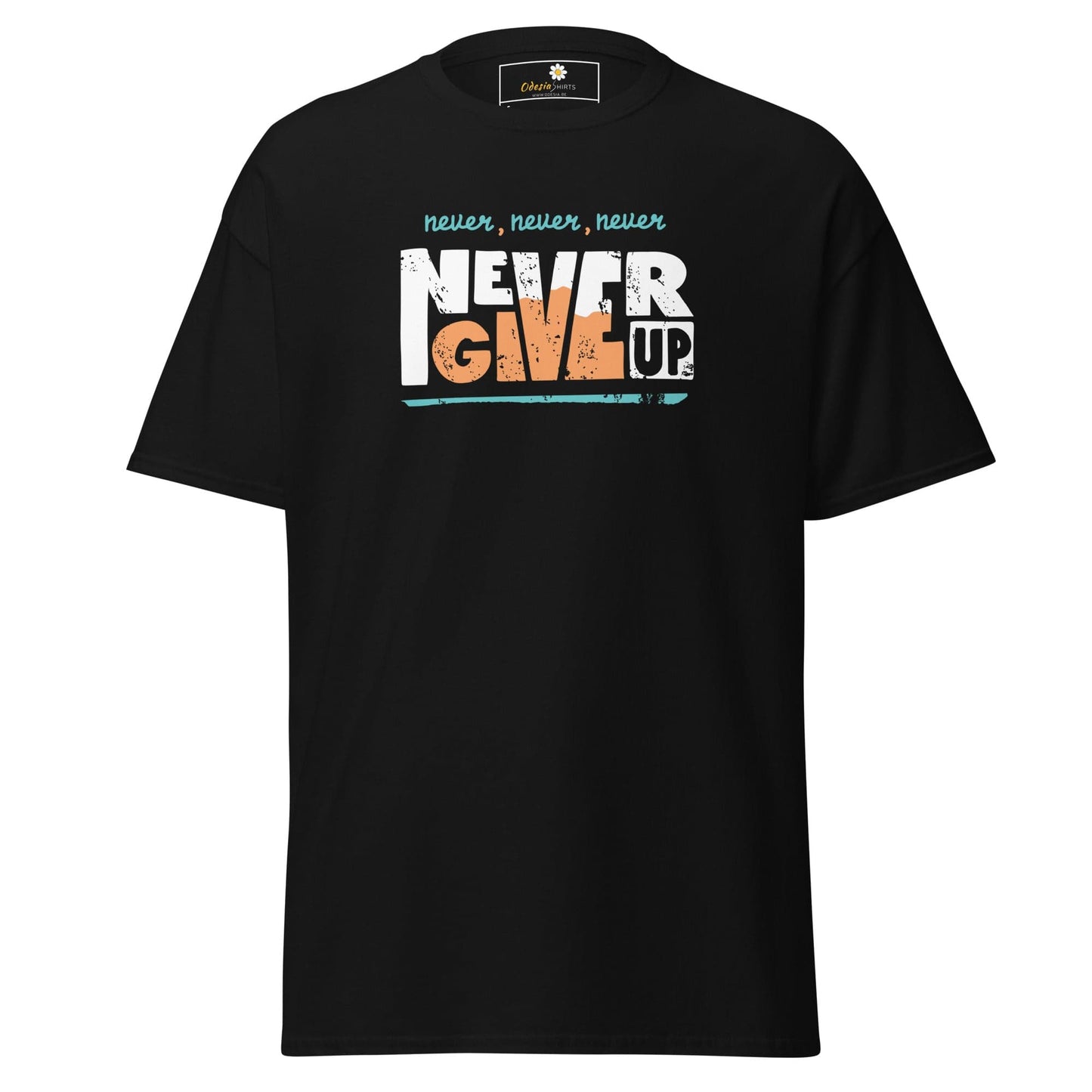 Black T-shirt with Never Give Up graphic in T-SHIRT DESIGN TEE for Men and Women