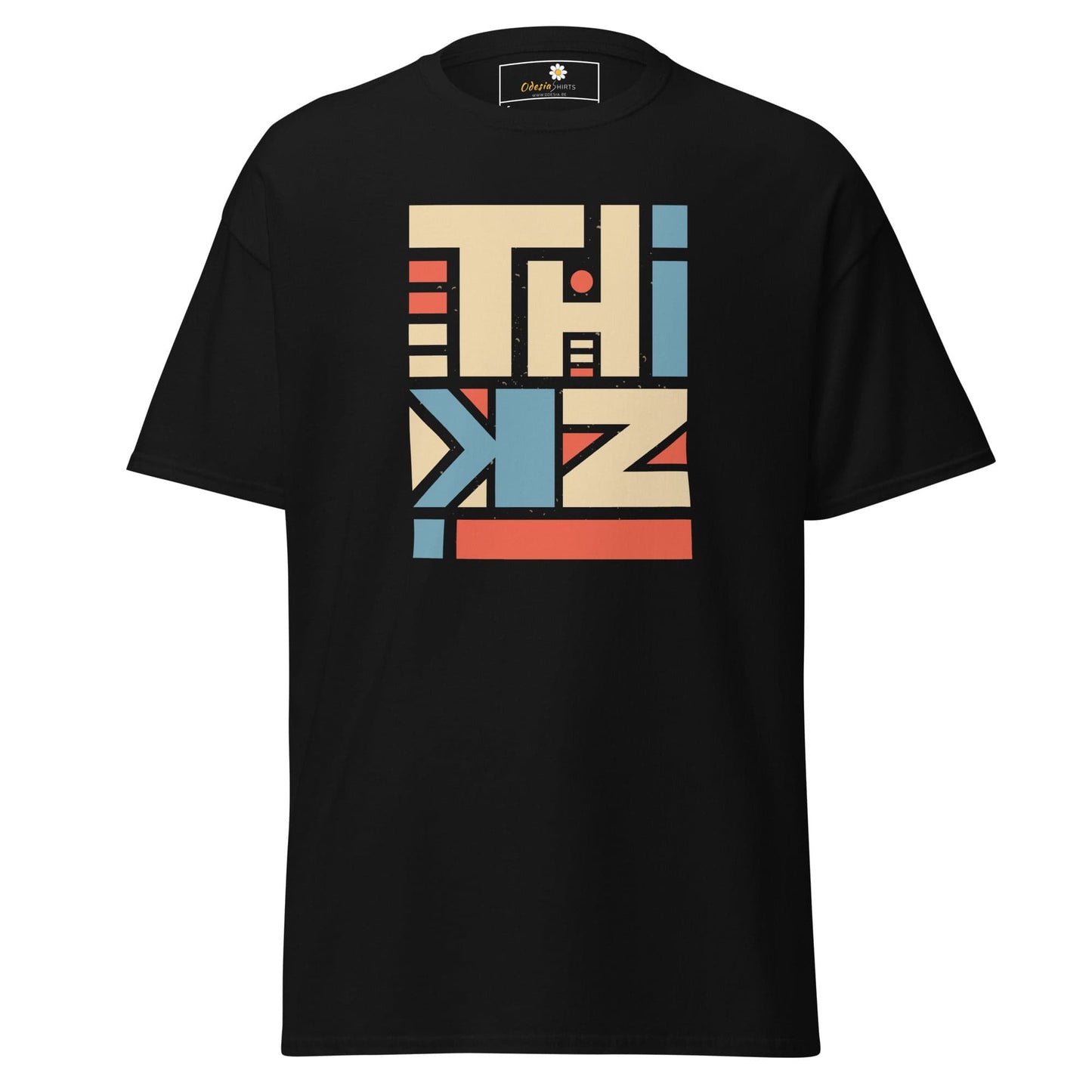 Black T-shirt with colorful graphic design for men and women in S to XL sizes