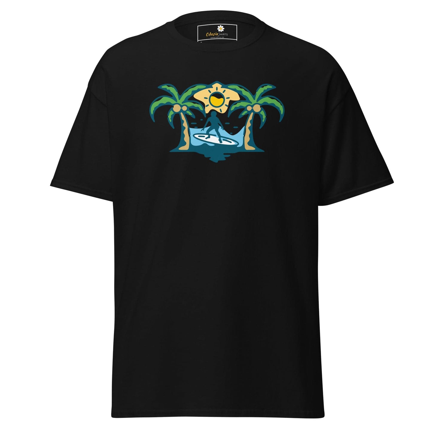 Black T-shirt featuring a tropical surfing design for men and women in sizes S to XL