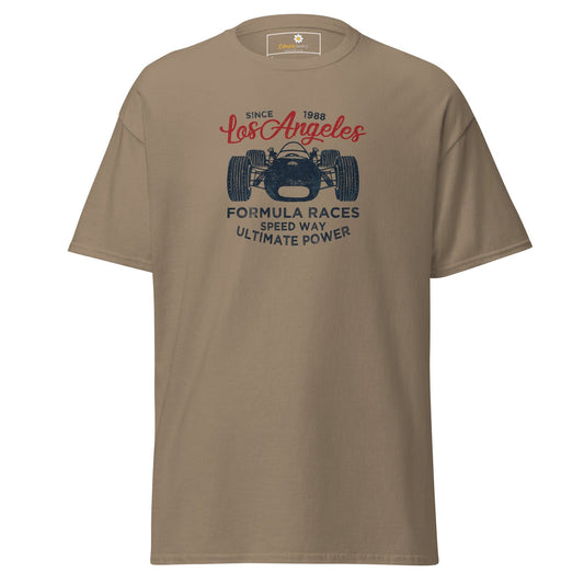 Khaki T-shirt with car graphic suitable for men and women in size S to XL