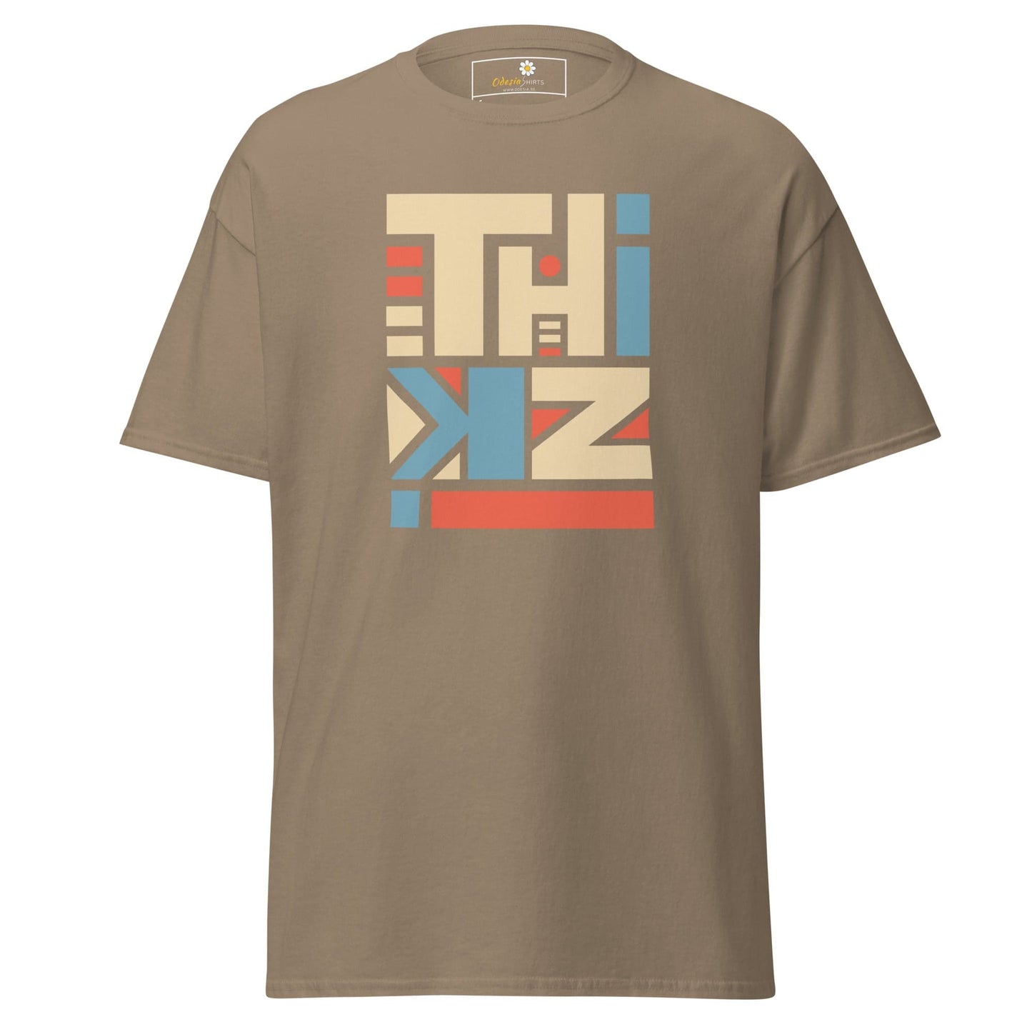 Khaki T-shirt with graphic design for men and women available in sizes S to XL