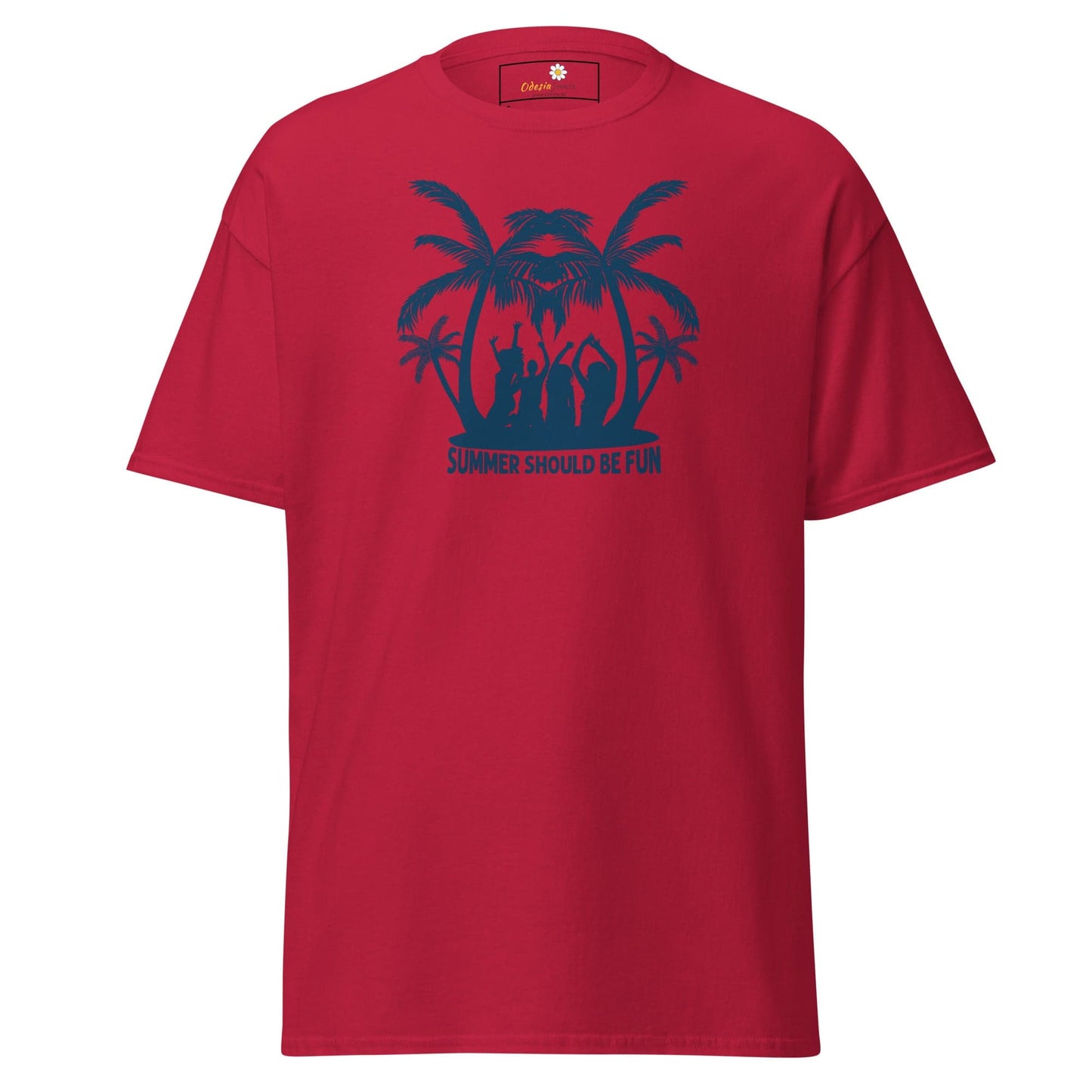 Red T-shirt with beach-themed graphic from T-SHIRT DESIGN TEE for men and women