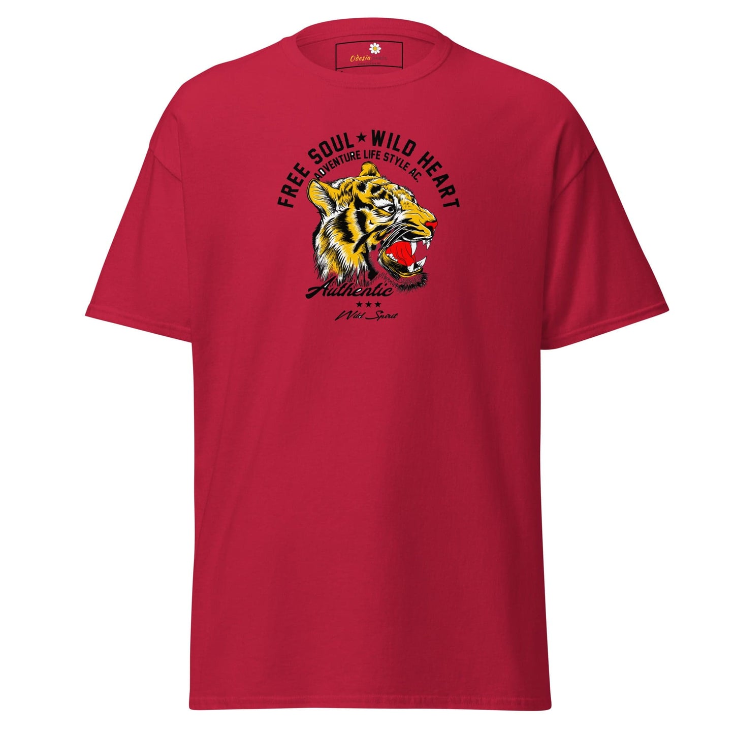 Red T-shirt with tiger graphic, suitable for men and women, available in sizes S to XL
