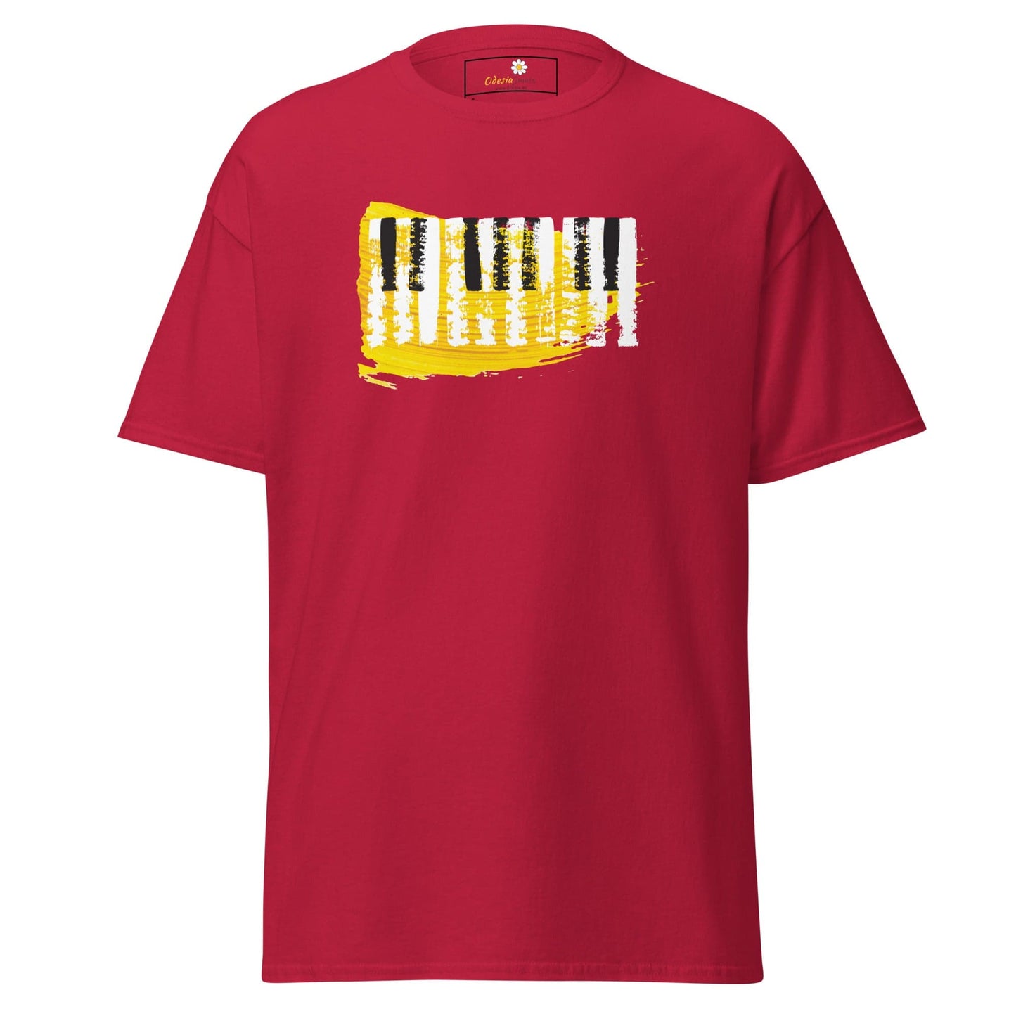Red T-shirt with piano keys design, suitable for men and women, available in sizes S to XL