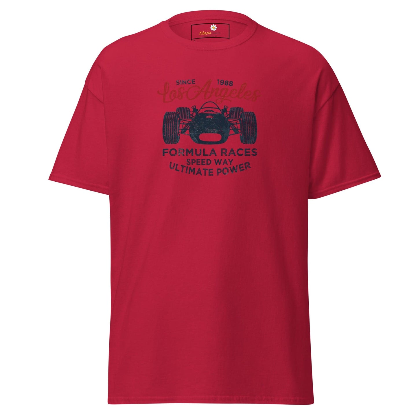 Red T-shirt with race car graphic for men and women in size S to XL