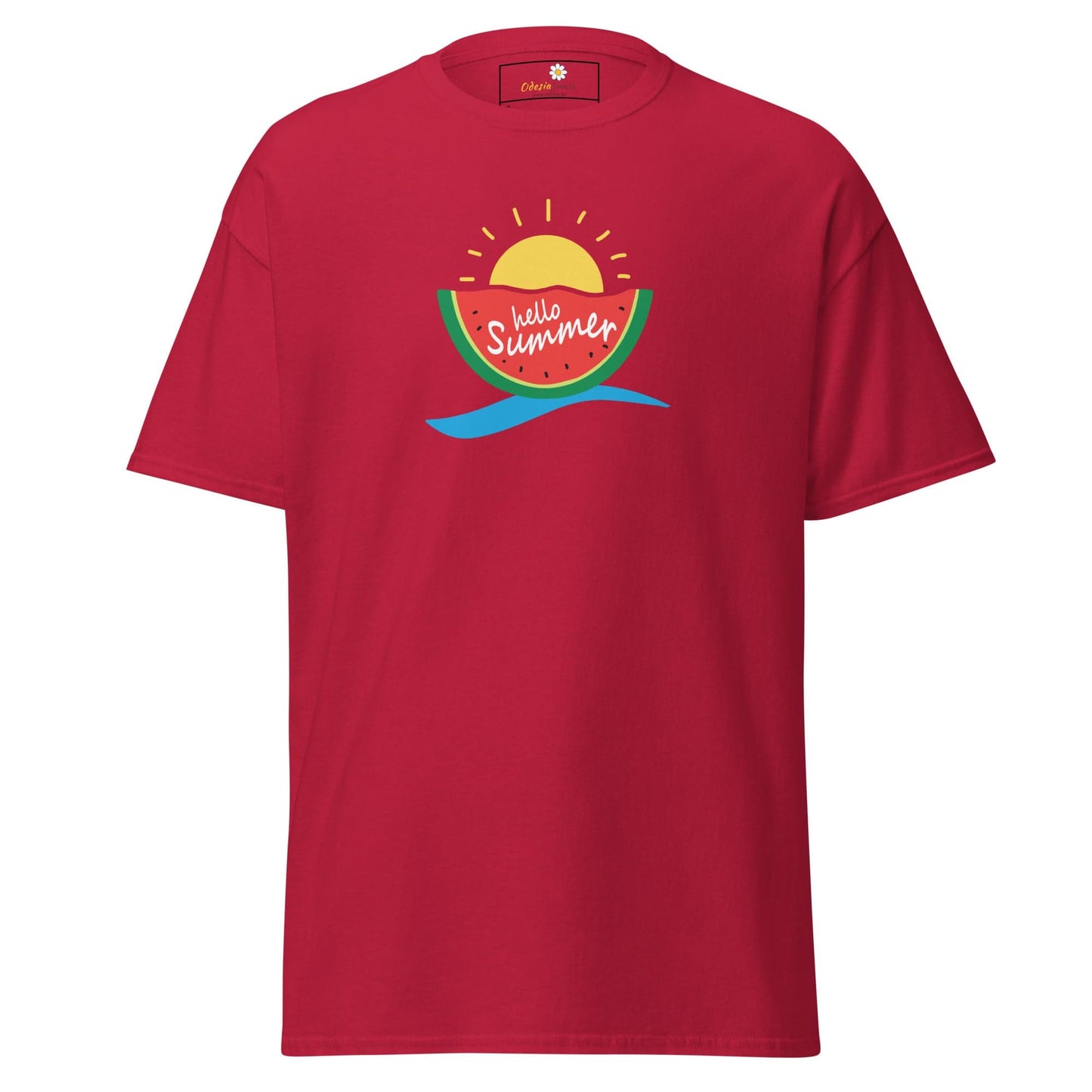 Red T-shirt with summer graphic for men and women in size S to XL