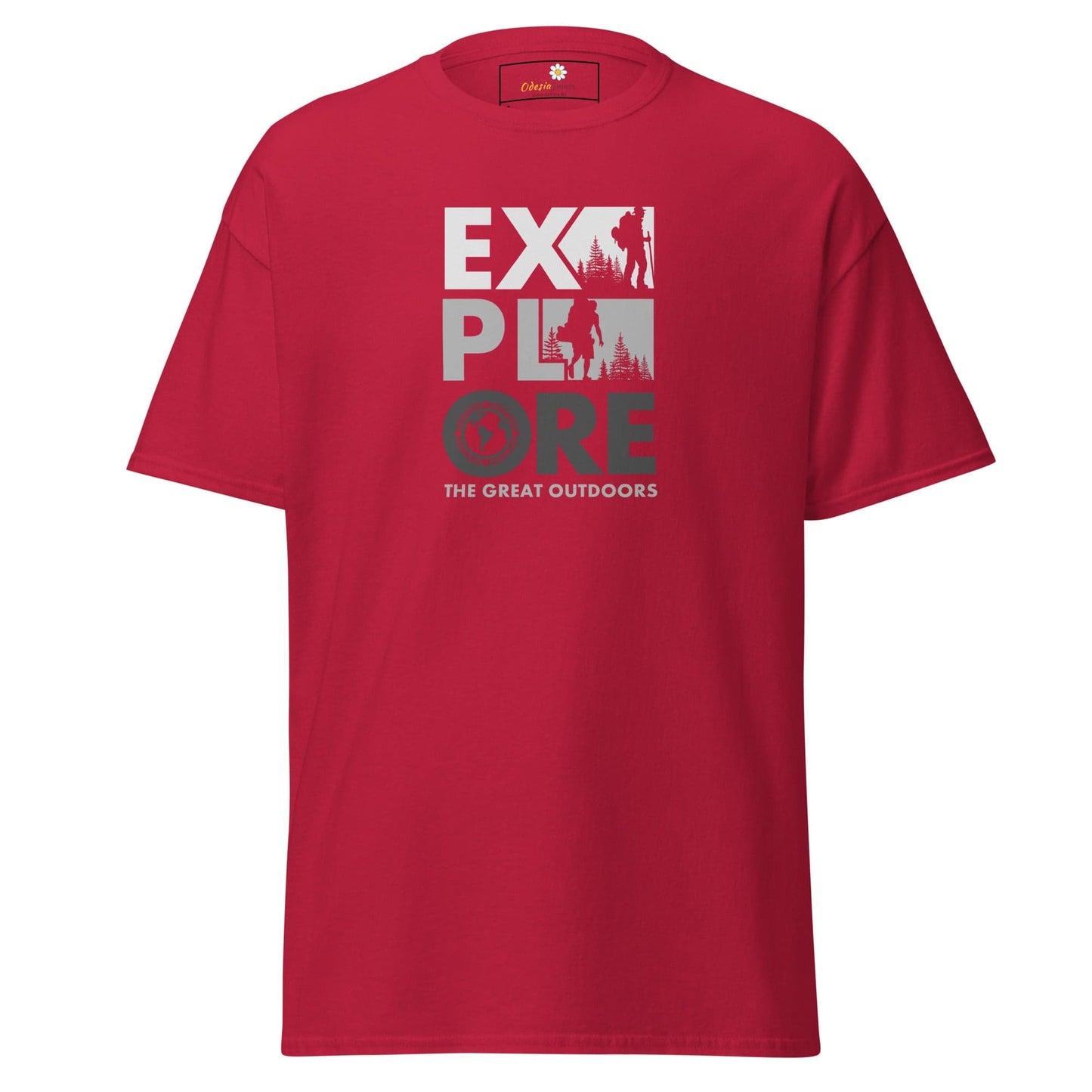 Red T-shirt with Explore the Great Outdoors graphic displayed in T-SHIRT DESIGN TEE for Men and Women