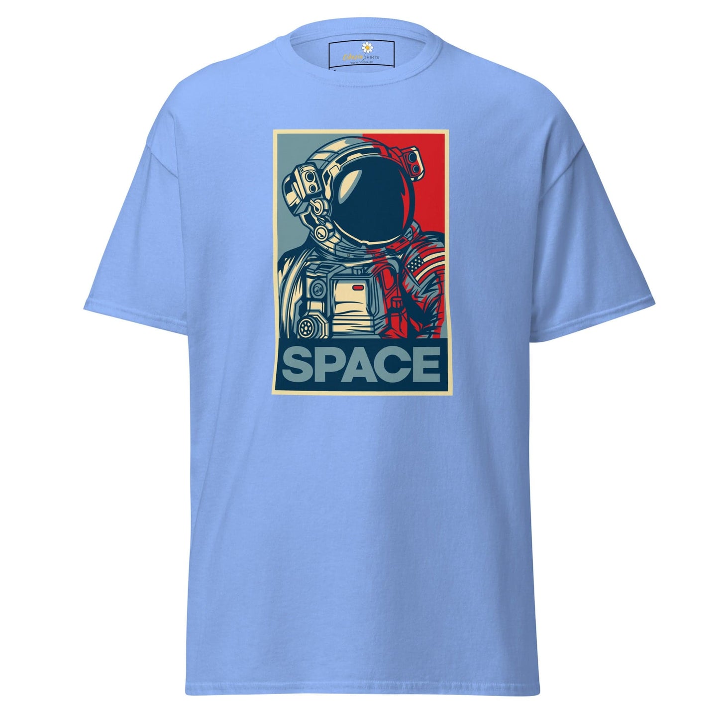 Light blue T-shirt with astronaut graphic for Men and Women available in sizes S to XL