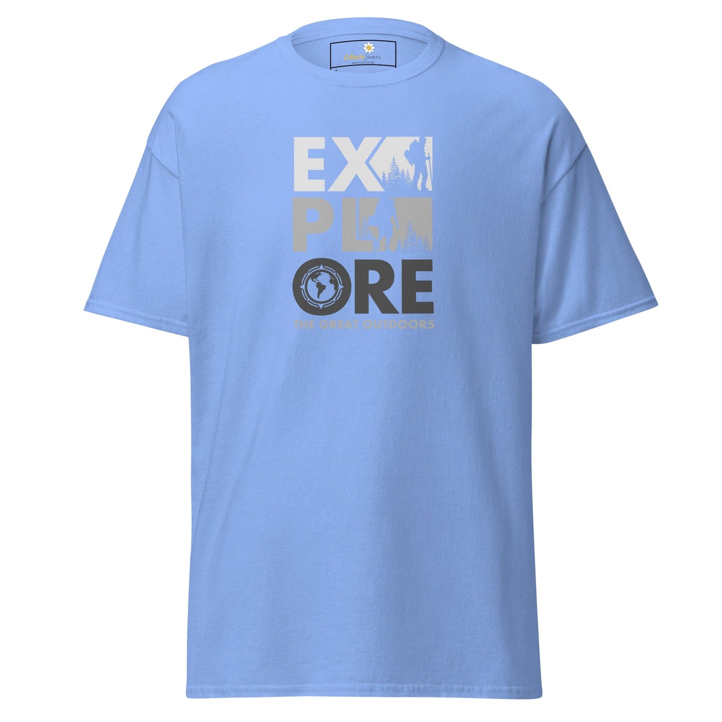 Light blue T-shirt featuring Explore graphic for men and women in sizes S to XL