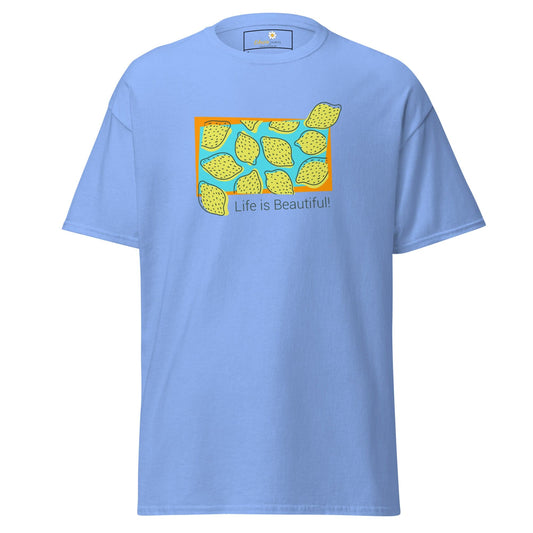 Light blue T-shirt with lemon design for men and women in sizes S to XL