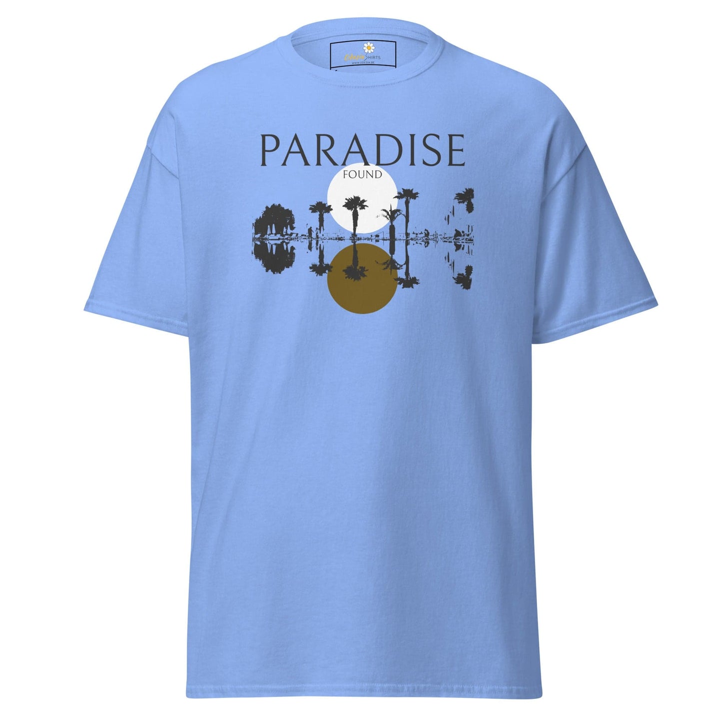 Light blue T-shirt featuring a tropical scene for men and women in sizes S to XL