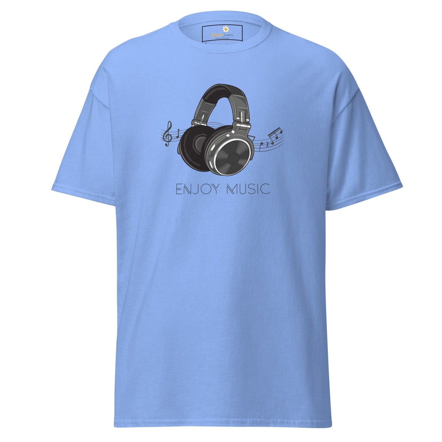 Light blue T-shirt featuring a headphone graphic for men and women in sizes S to XL