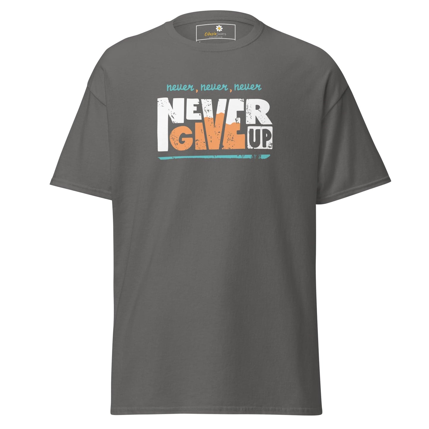 Gray T-shirt with Never Give Up graphic from T-SHIRT DESIGN TEE MAN WOMAN S XL