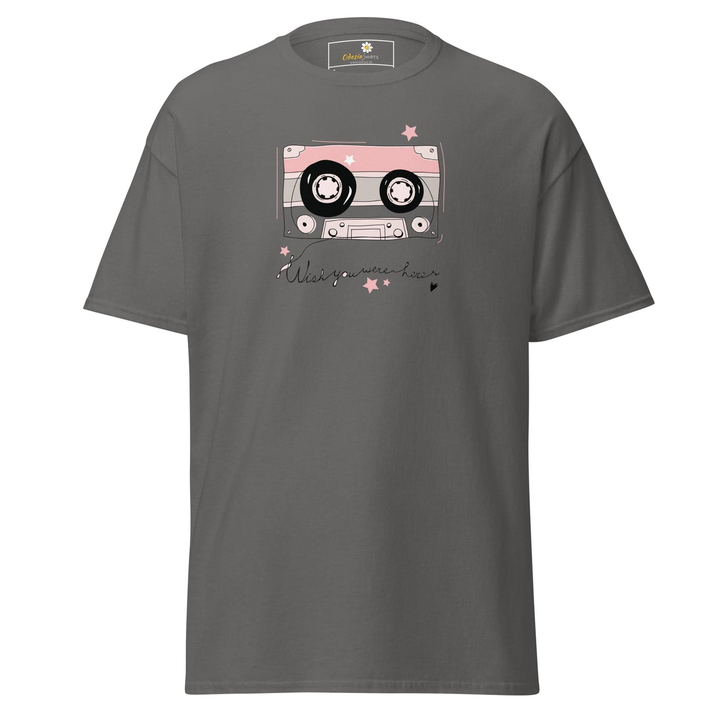 Gray T-shirt with cassette tape graphic, available in S to XL sizes for men and women