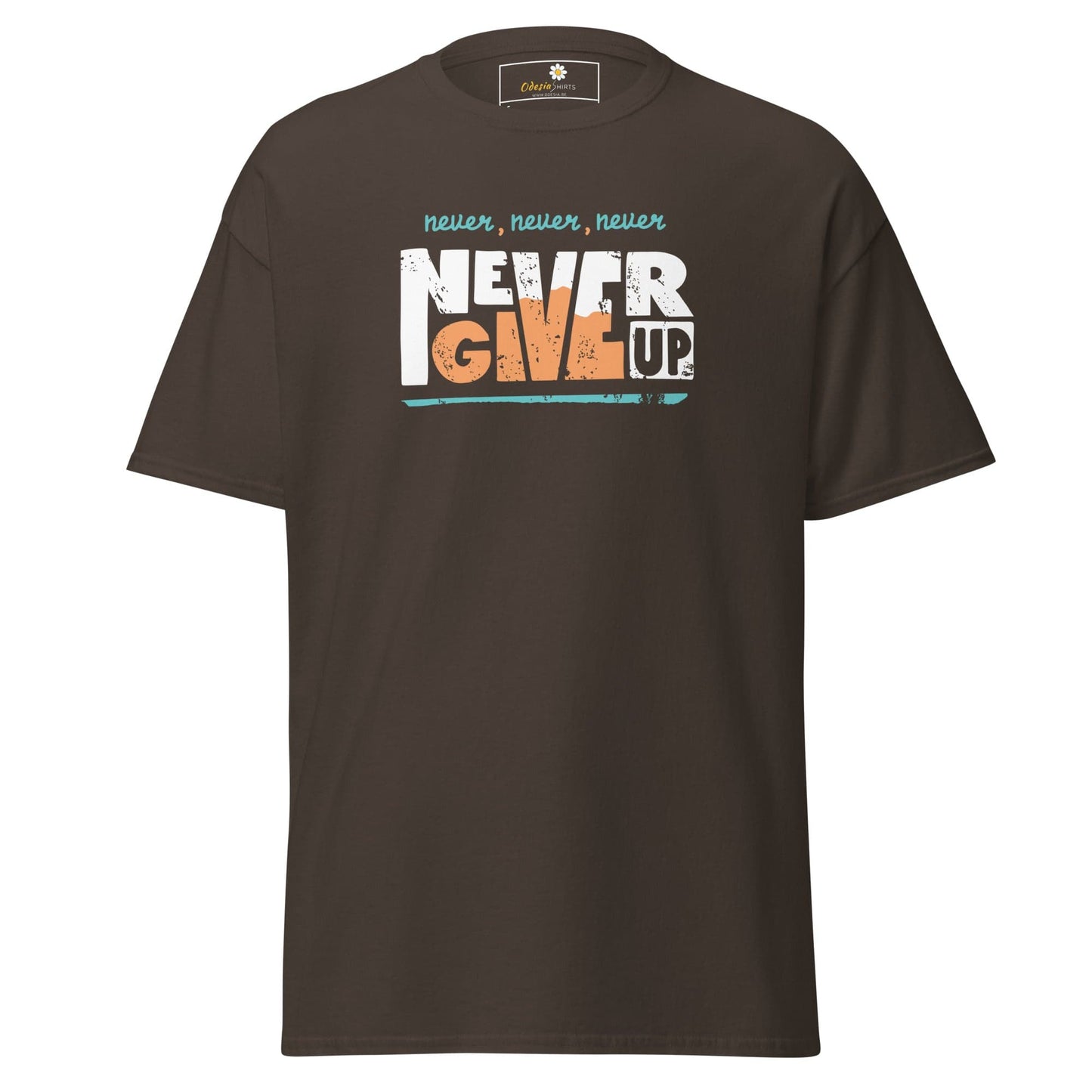 Brown T-shirt with Never Give Up graphic for Men and Women in sizes S to XL