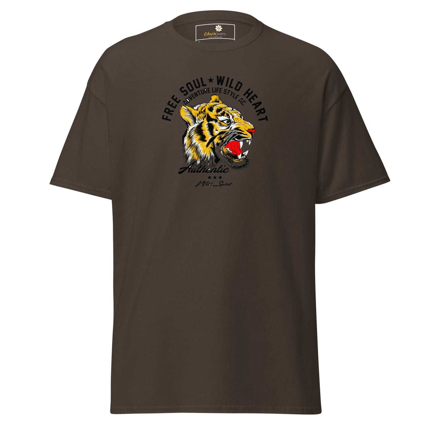 Brown T-shirt with tiger graphic from T-SHIRT DESIGN TEE for Men and Women, available in sizes S to XL