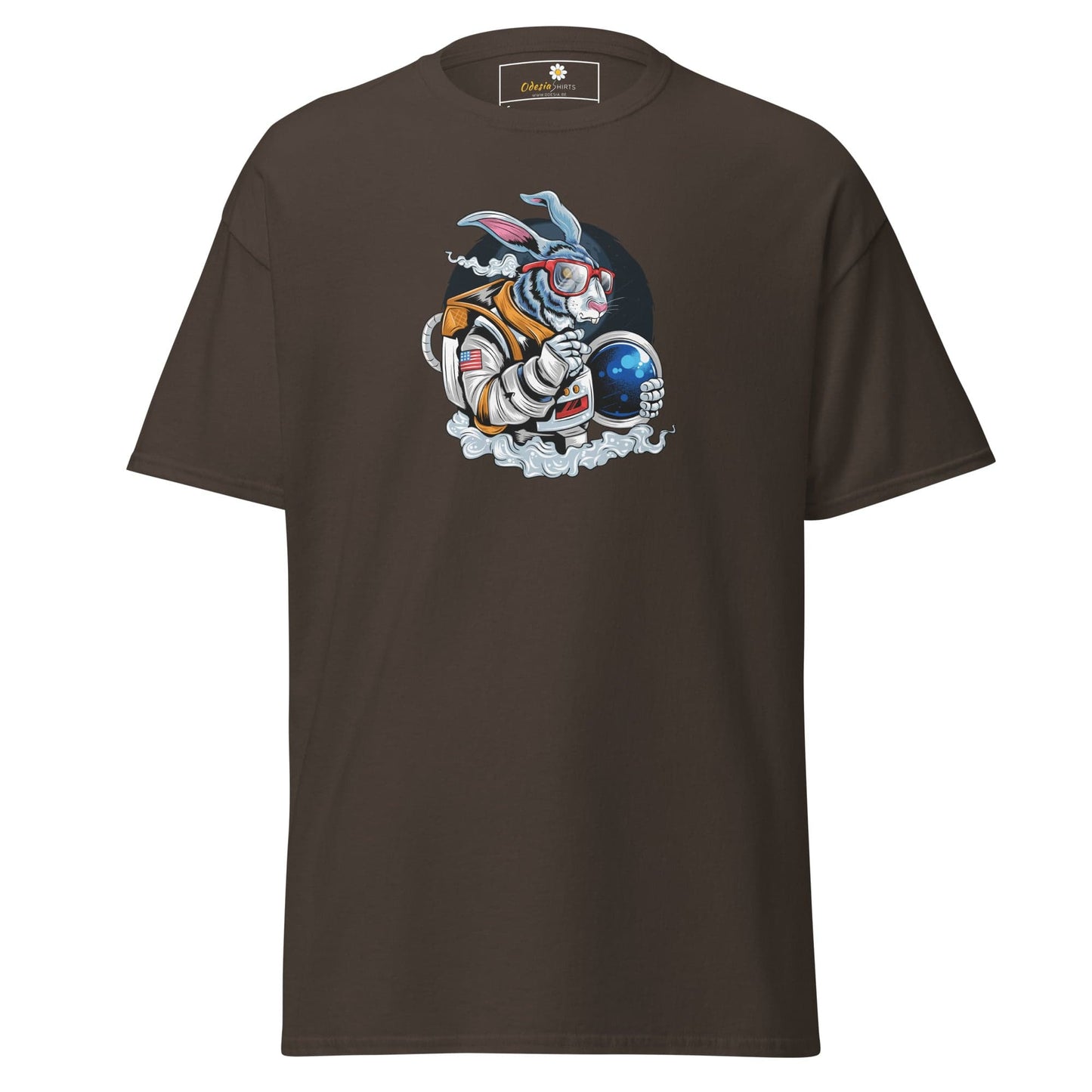 Brown T-shirt with astronaut rabbit graphic, available in S to XL for men and women