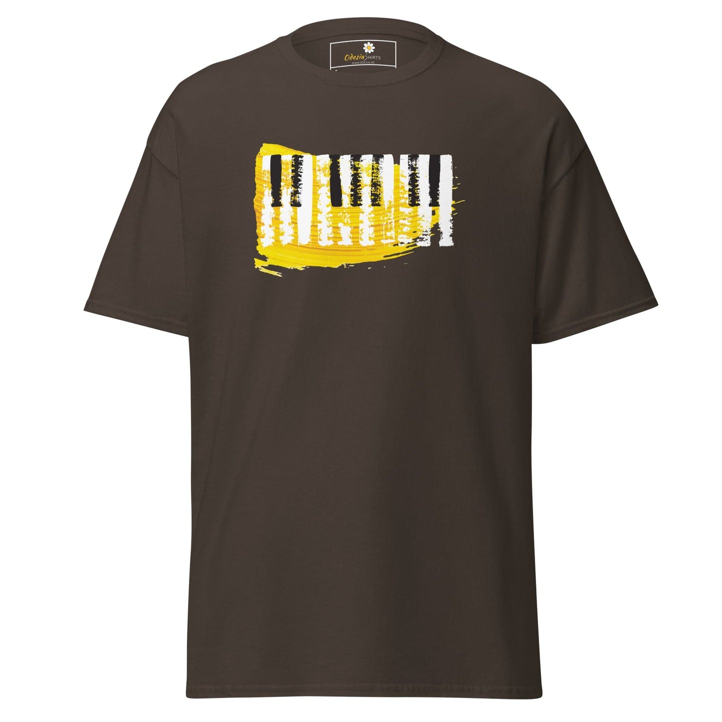 Brown T-shirt with piano keys graphic for Men and Women, available in sizes S to XL