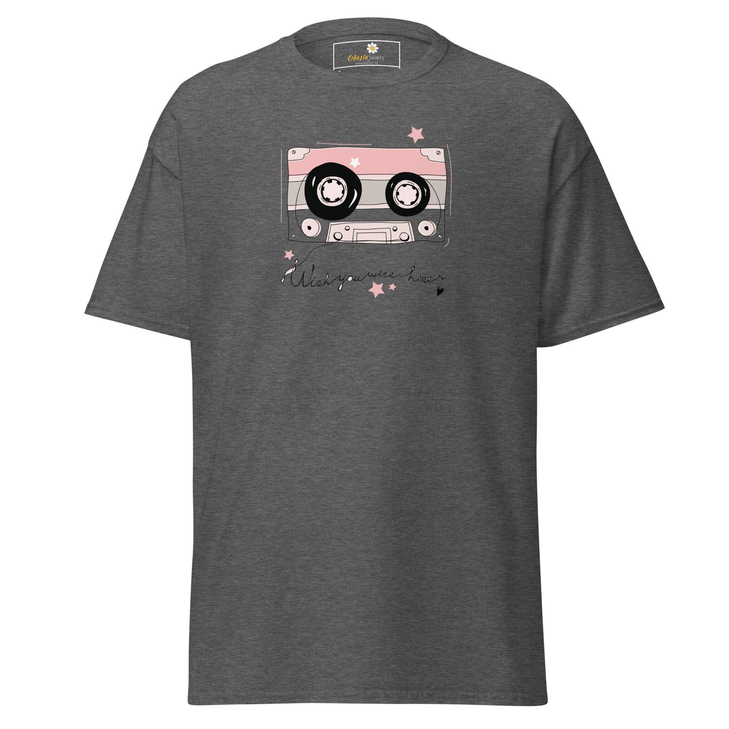Gray T-shirt with cassette tape graphic for men and women, available in S to XL sizes