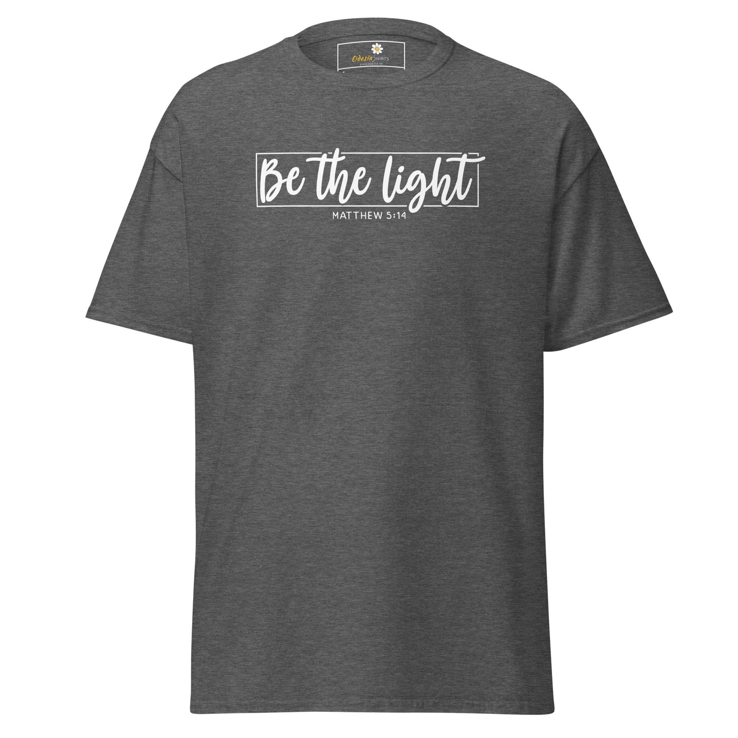 Gray T-shirt with Be the light graphic for men and women sizes S to XL
