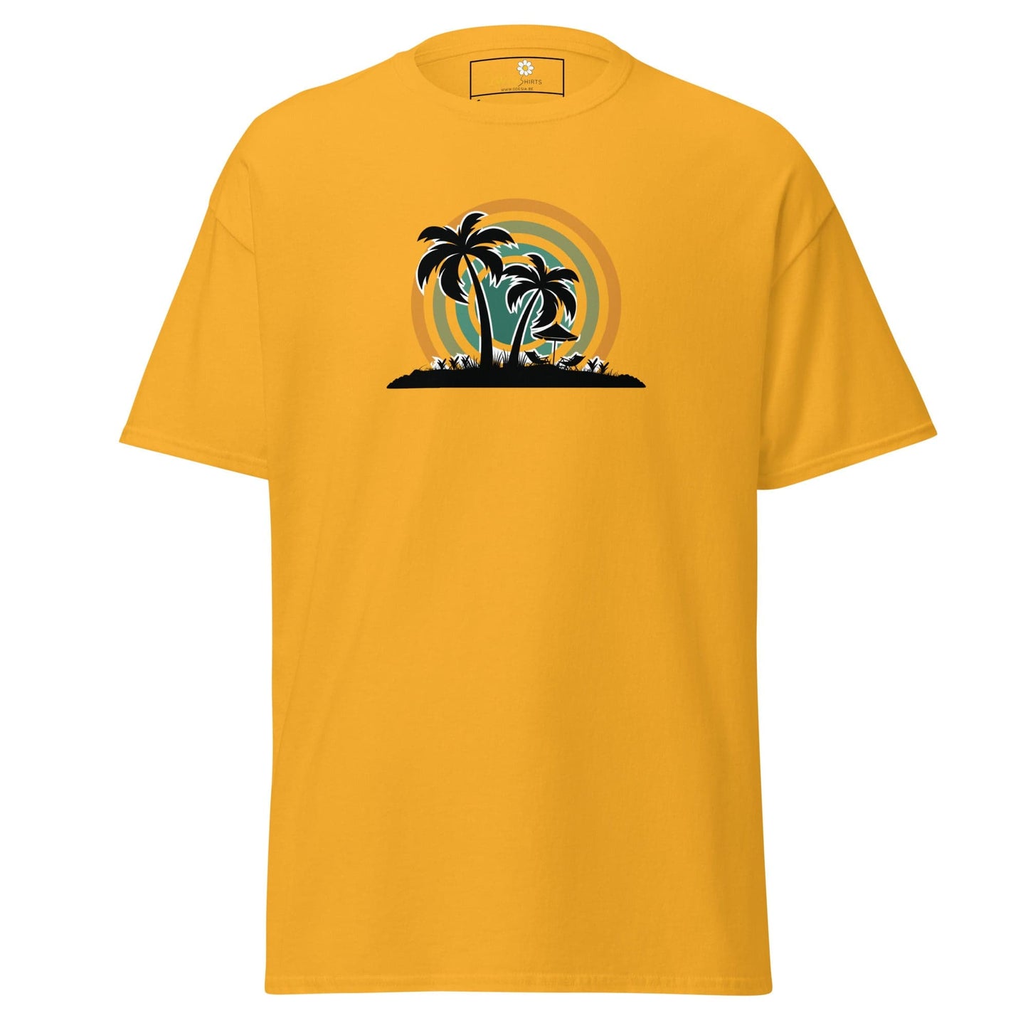 Yellow T-shirt with palm tree island graphic for men and women size S to XL