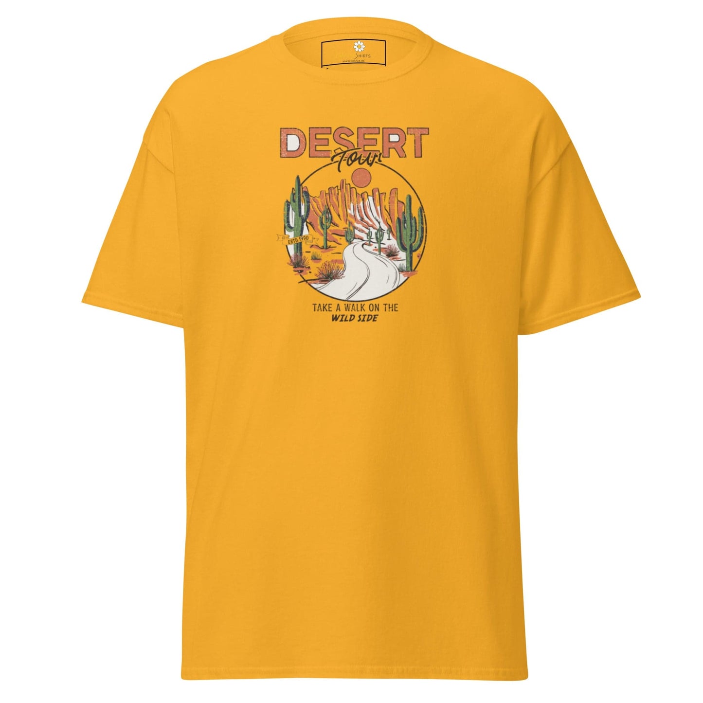 Yellow T-shirt with desert graphic for men and women in size S to XL