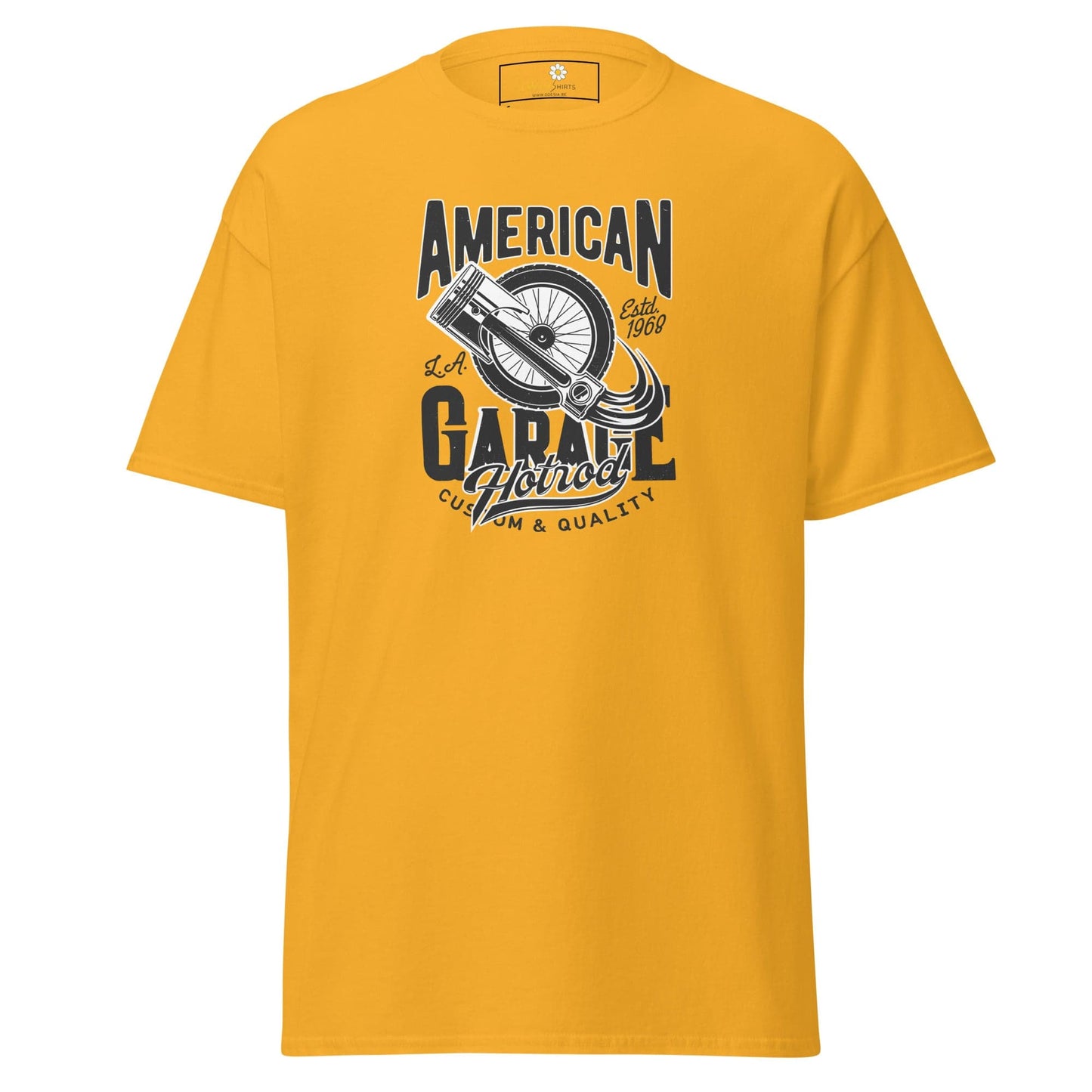 Yellow T-shirt with garage graphic, suitable for men and women in sizes S to XL
