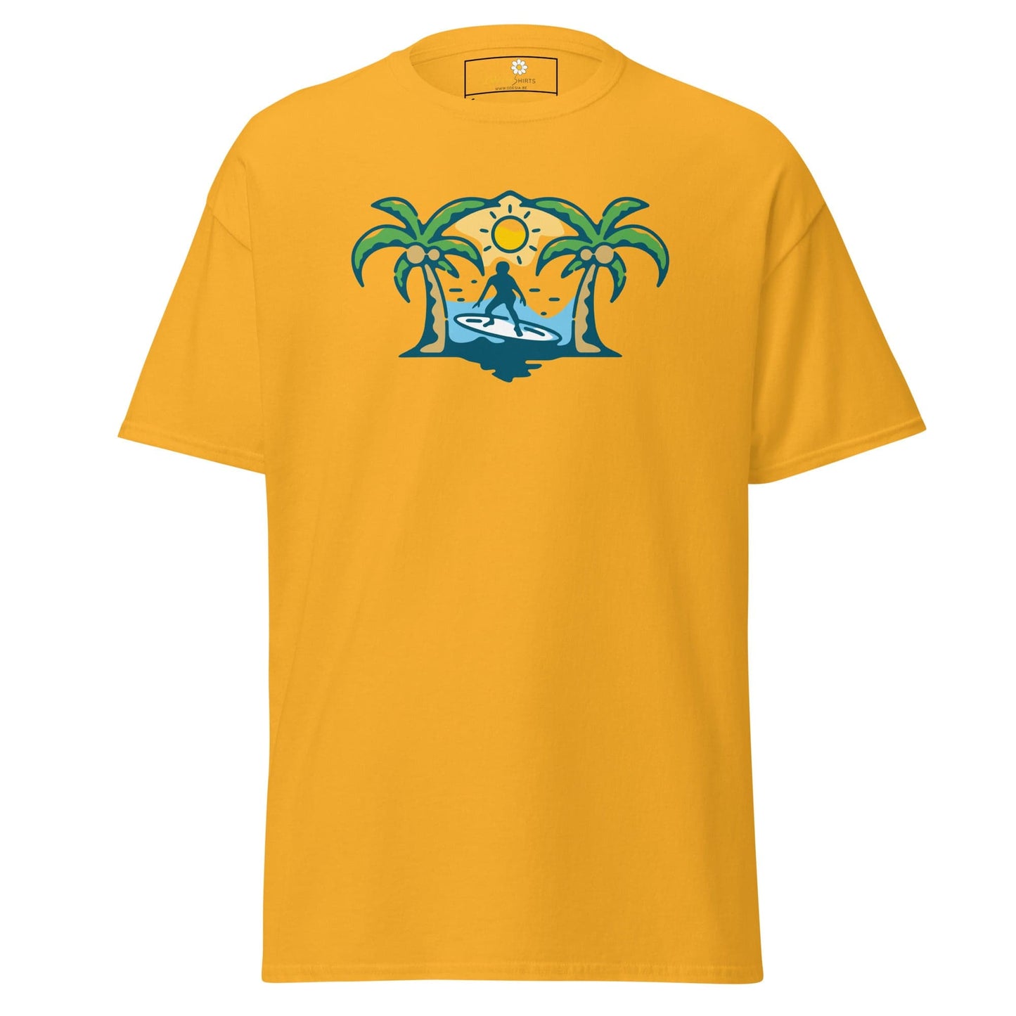 Yellow T-shirt with surfer graphic for men and women available in sizes S to XL