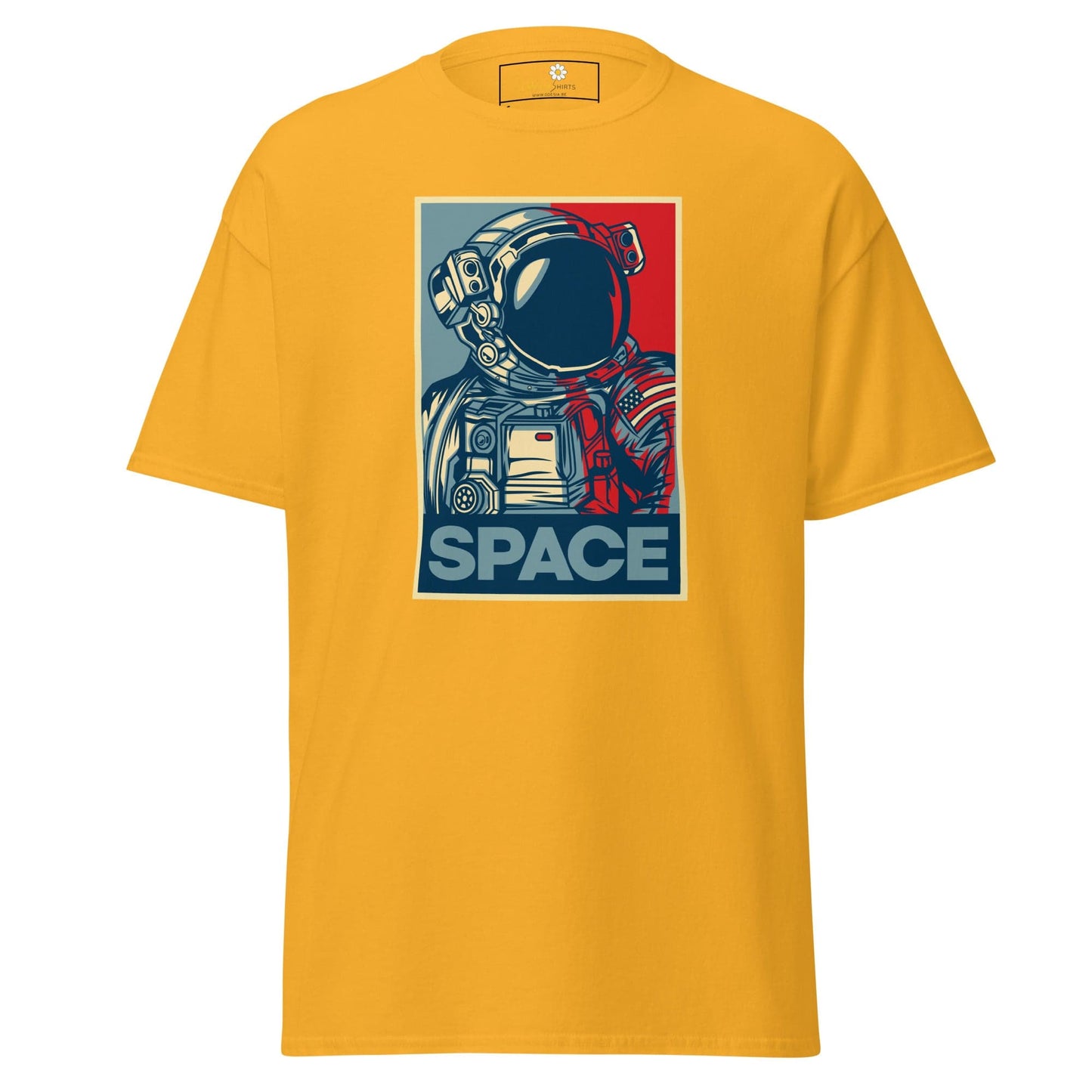 Yellow T-shirt with astronaut graphic for men and women in sizes S to XL
