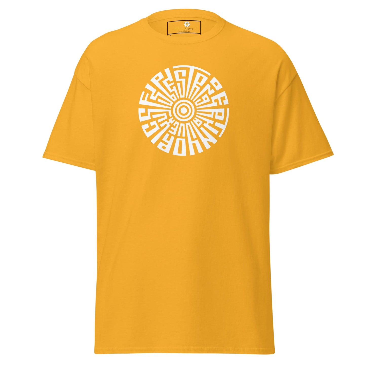 Yellow T-shirt with a circular design from T-SHIRT DESIGN TEE for men and women