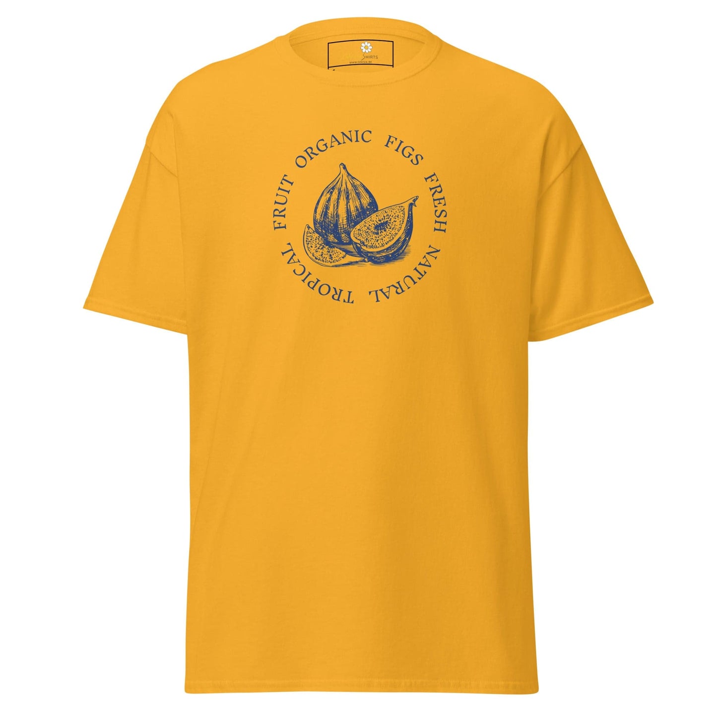 Yellow T-shirt with fig graphic for men and women, available in sizes S to XL