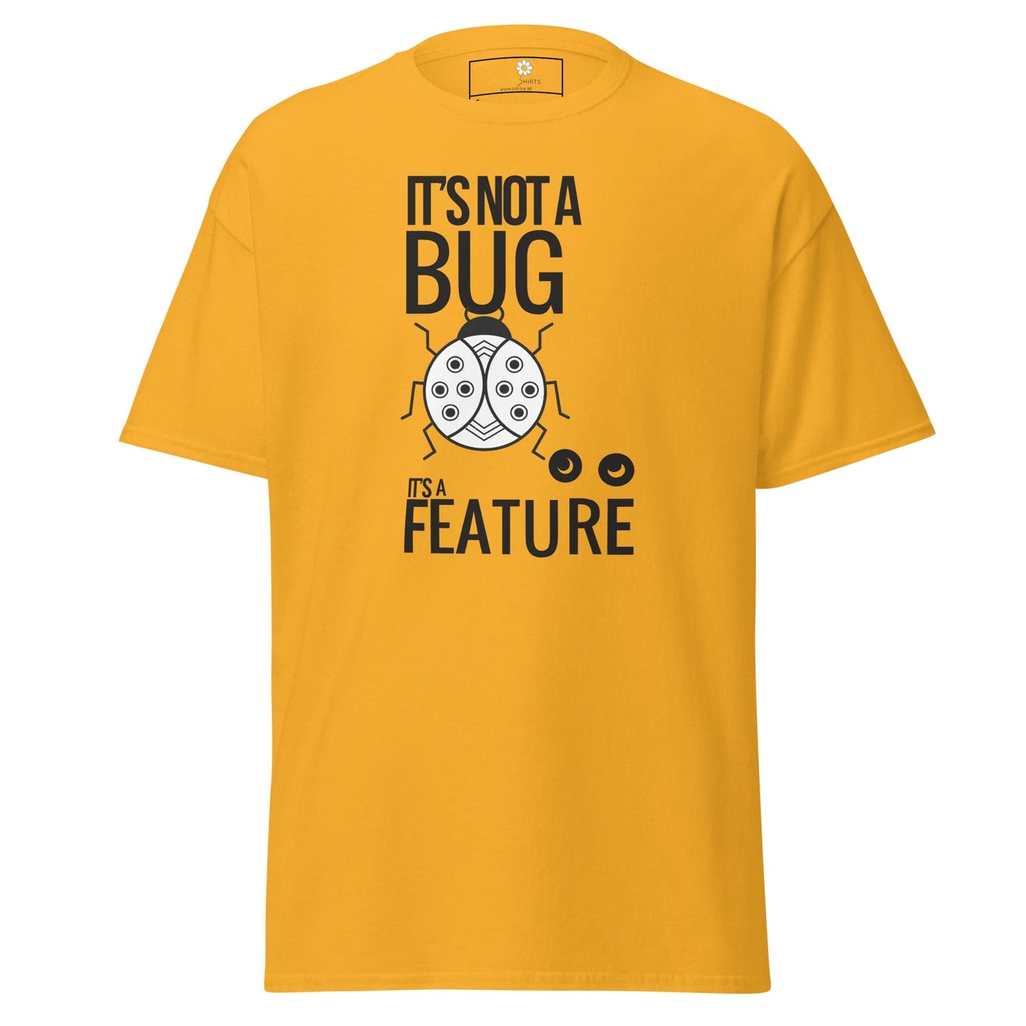 Yellow T-shirt with bug graphic for men and women, available in sizes S to XL