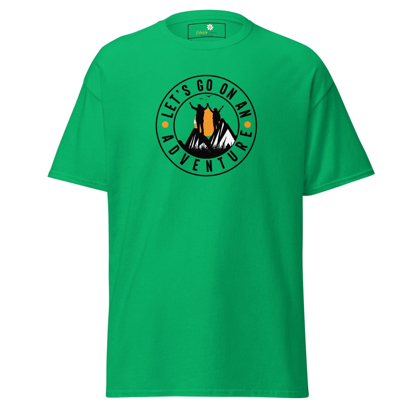 Green T-shirt with adventure graphic for men and women available in sizes S to XL