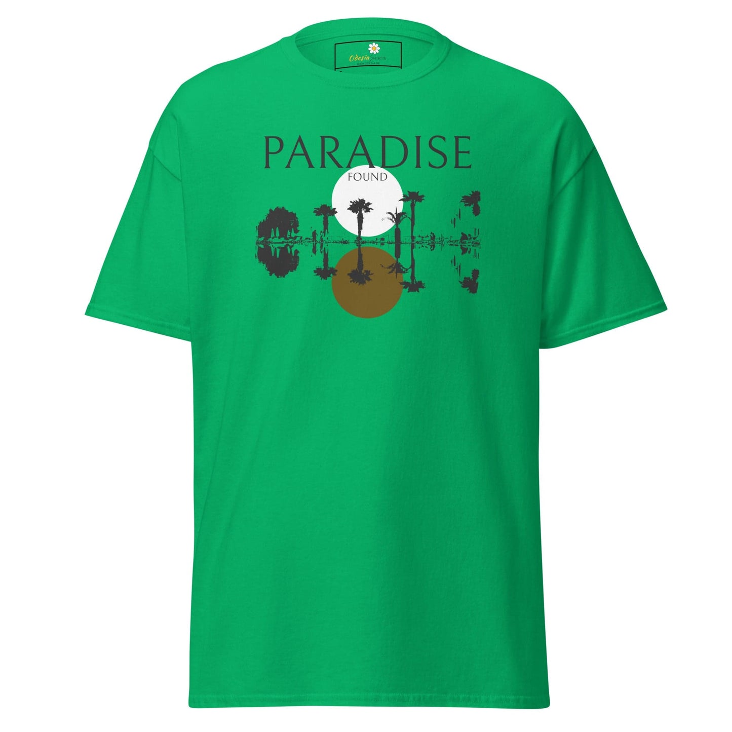 Green T-shirt featuring a tropical graphic for men and women in sizes S to XL