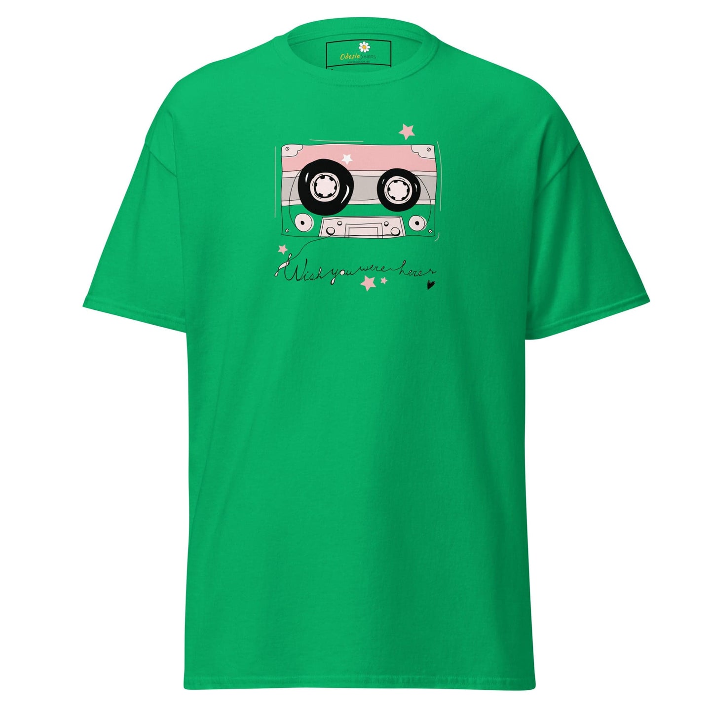 Green T-shirt with cassette tape graphic for Men and Women in sizes S to XL